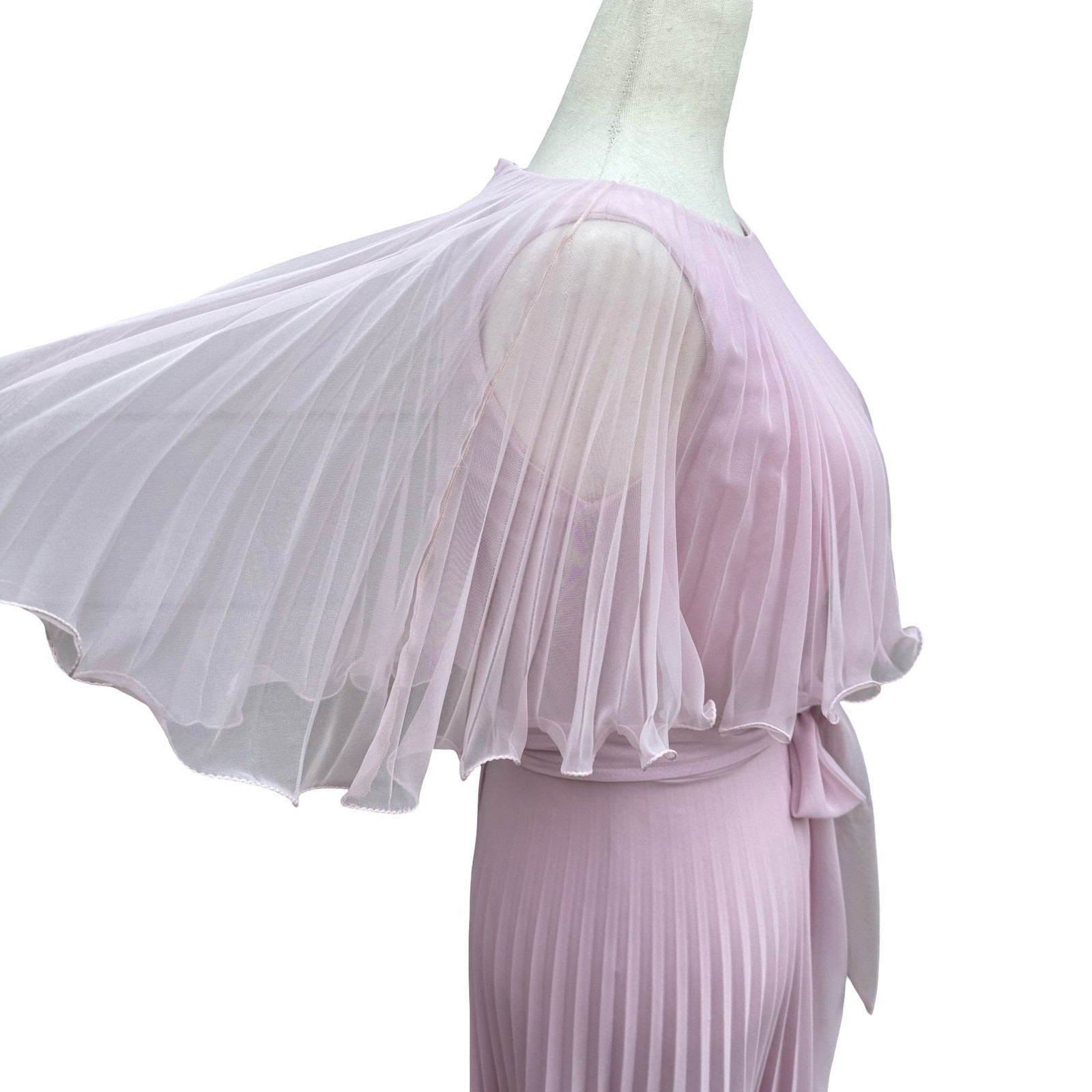 Vintage Goddess Pink Pleated Maxi Dress Capelet Flutter Sleeve Size 8 70s USA