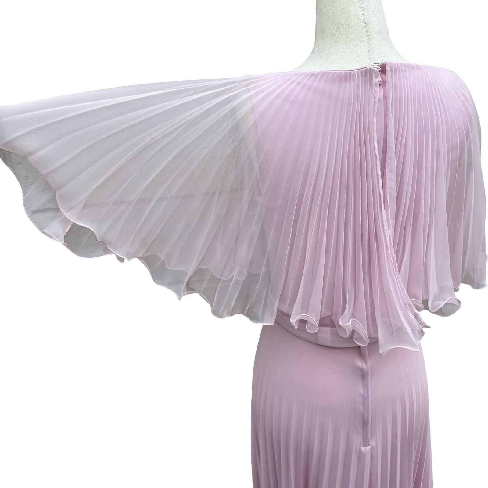 Vintage Goddess Pink Pleated Maxi Dress Capelet Flutter Sleeve Size 8 70s USA