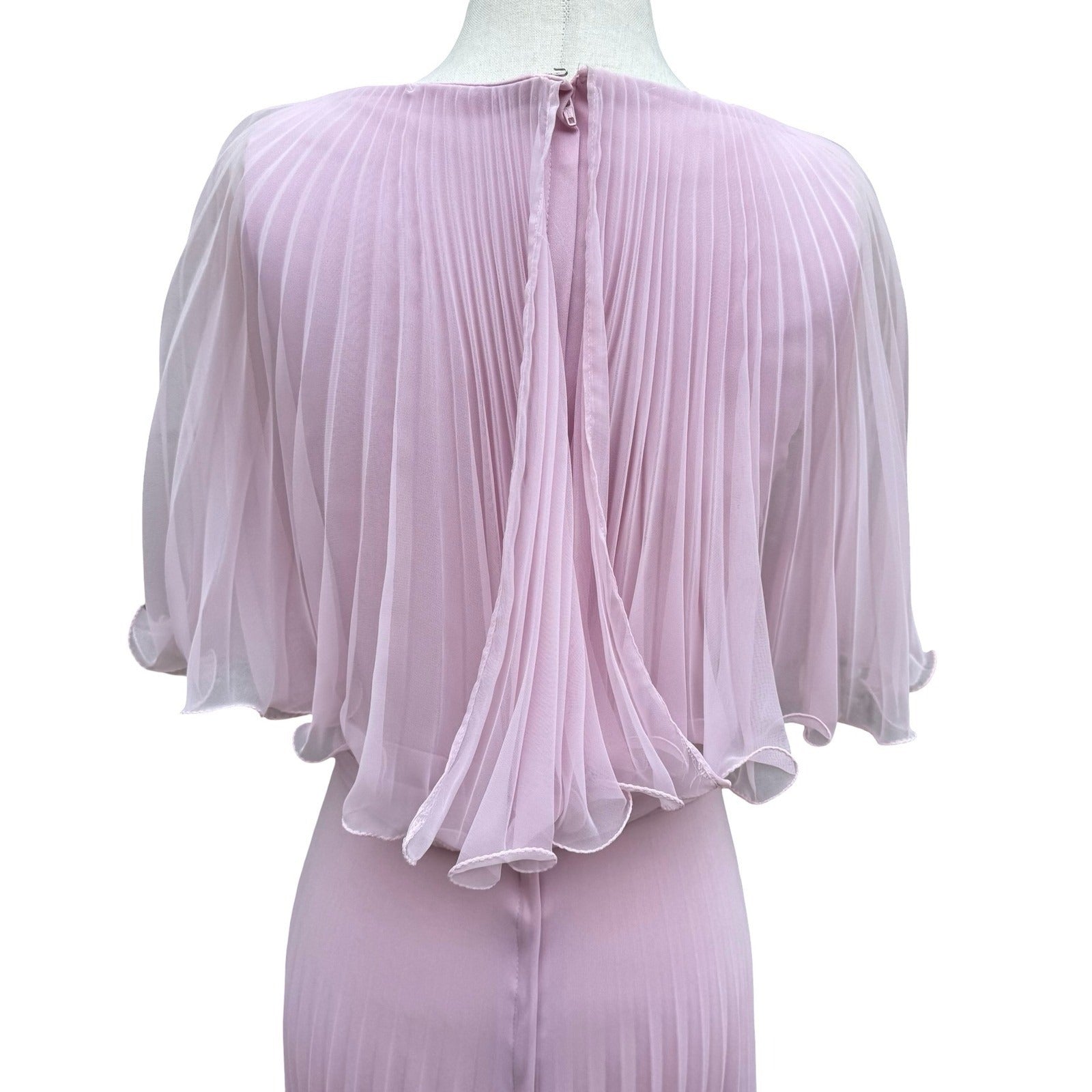 Vintage Goddess Pink Pleated Maxi Dress Capelet Flutter Sleeve Size 8 70s USA