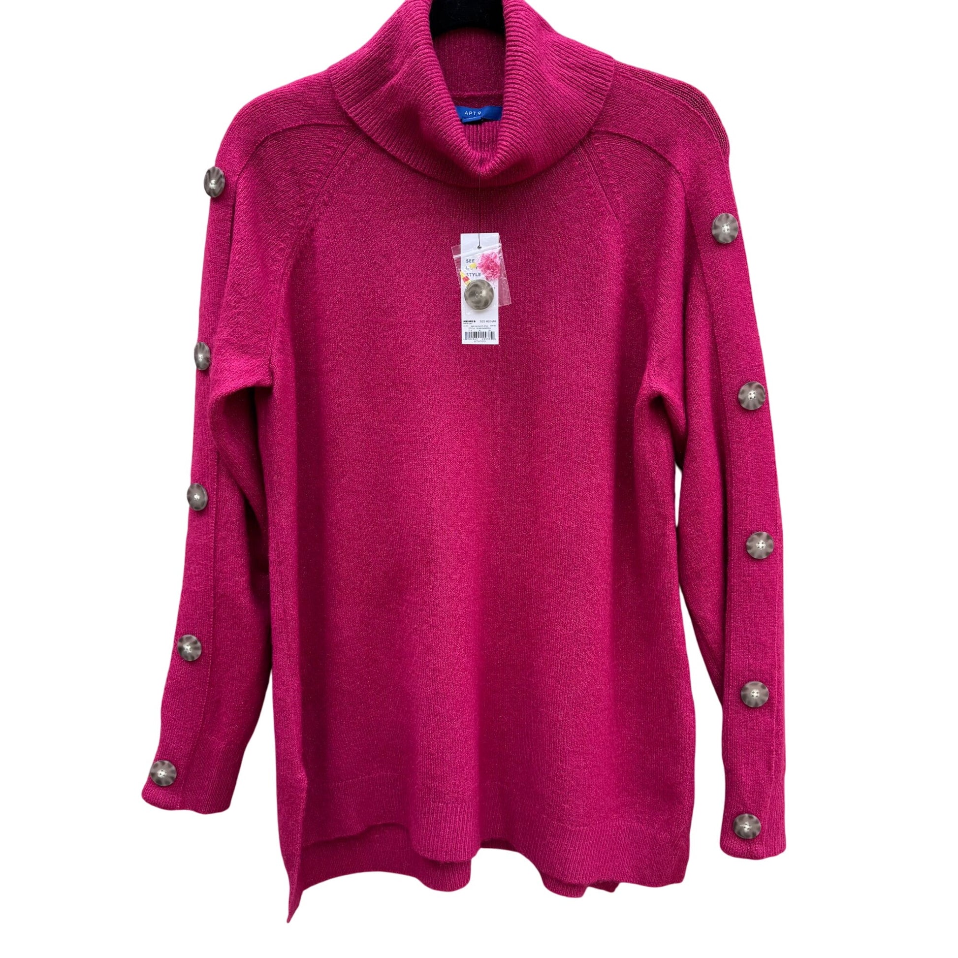 Apt. 9 Womens M Hot Pink Button Sleeves Cowl Neck Long Sleeve Knit Sweater New