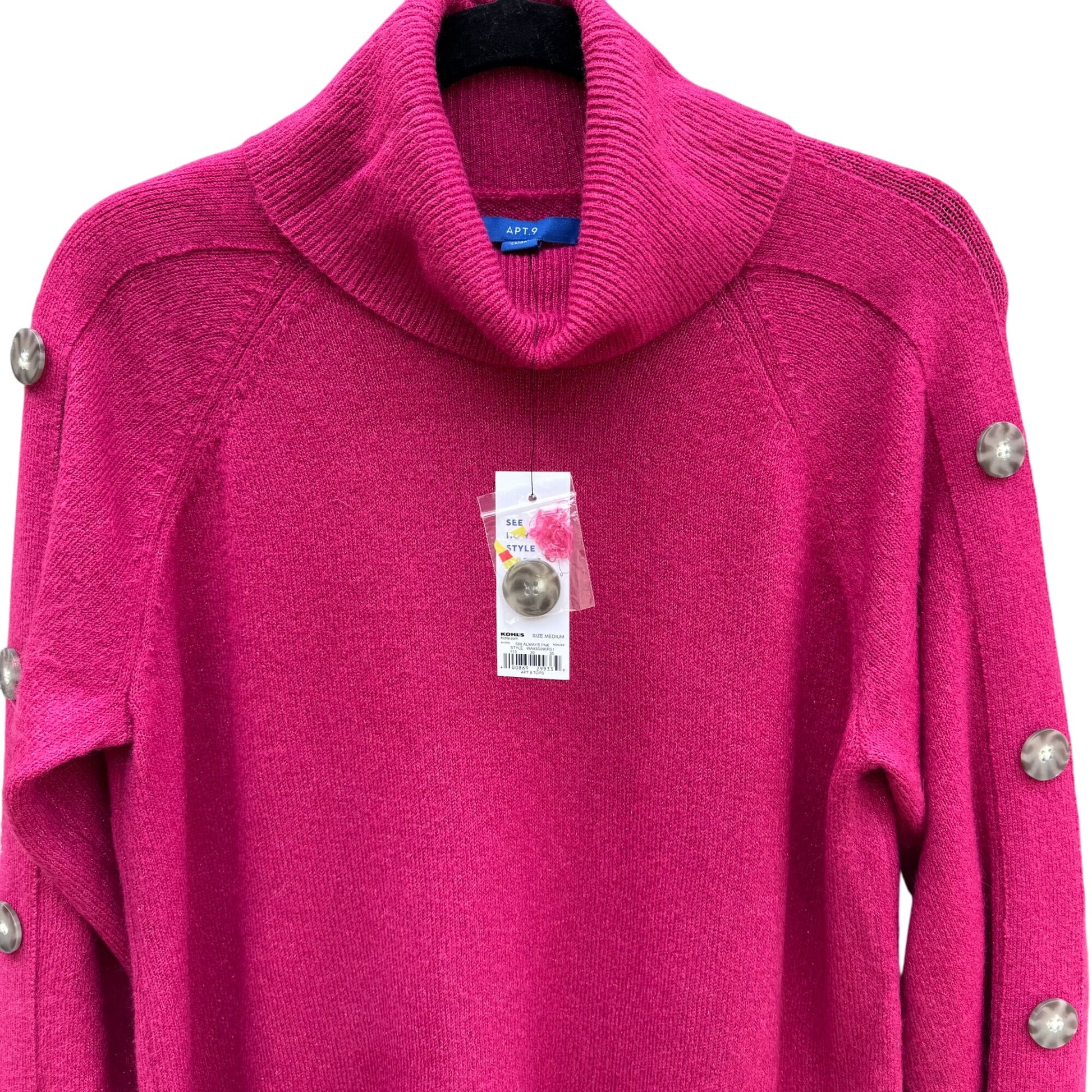 Apt. 9 Womens M Hot Pink Button Sleeves Cowl Neck Long Sleeve Knit Sweater New