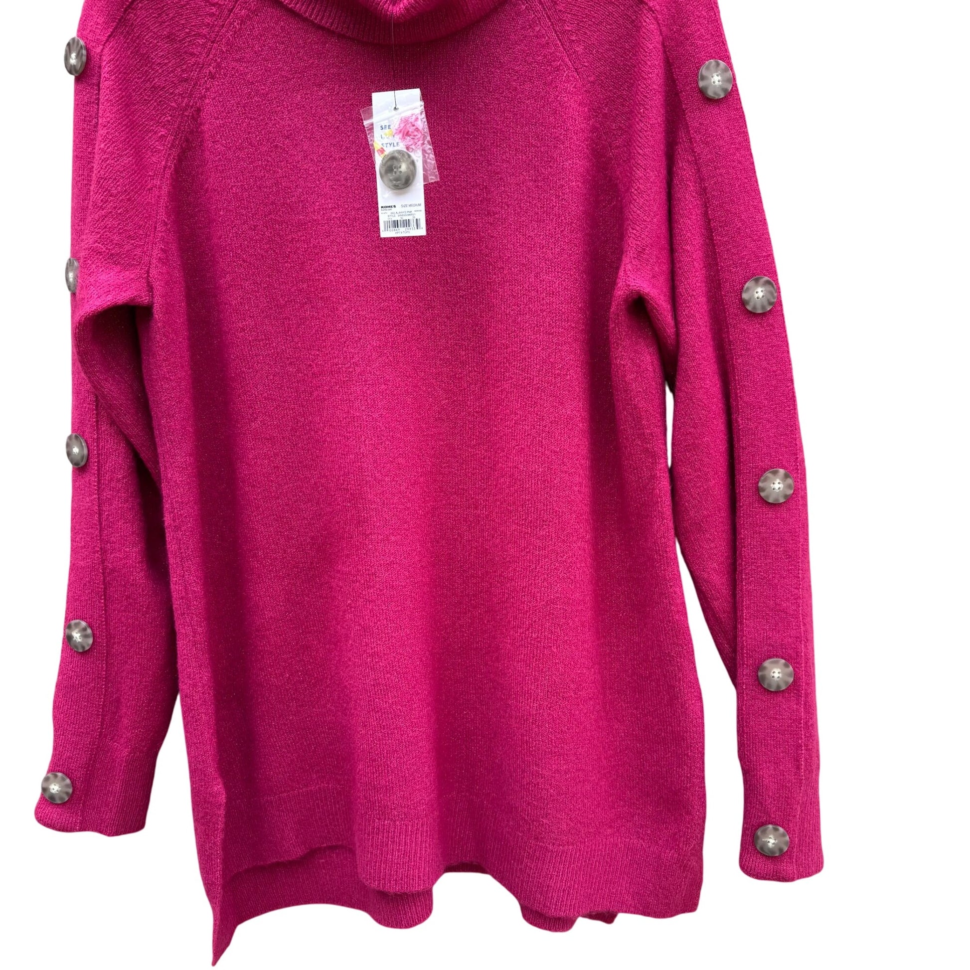 Apt. 9 Womens M Hot Pink Button Sleeves Cowl Neck Long Sleeve Knit Sweater New