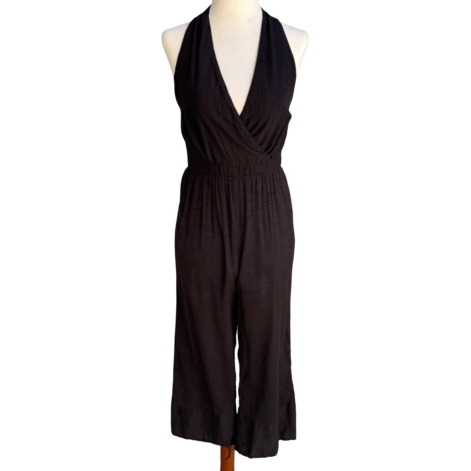 Express Boho Halter Jumpsuit Surplice Wide Leg Cropped Smocked Gauze Crepe S