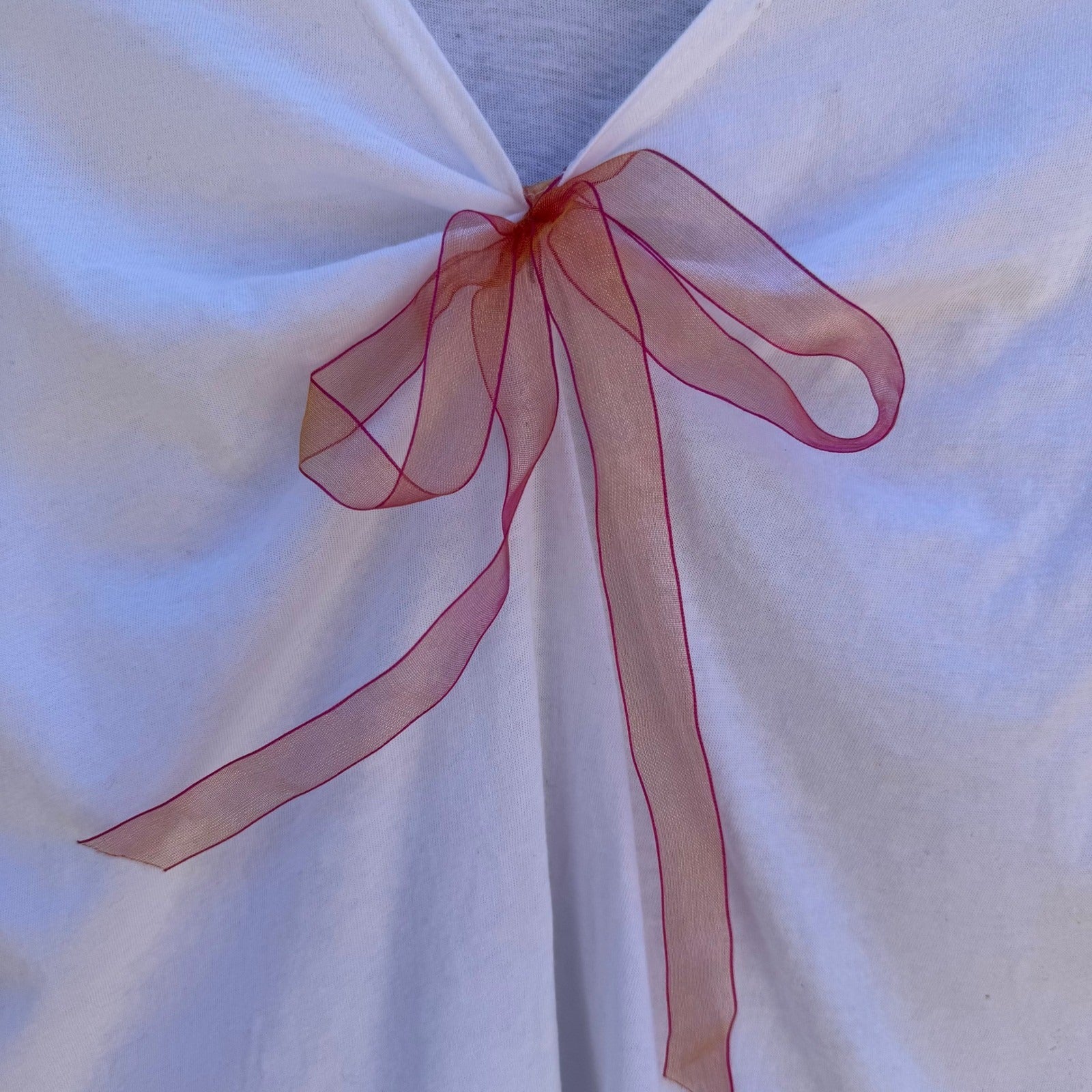 Self Esteem Y2K White V-Neck Coquette Baby Tee Pink Organza Bow Cap Sleeve L NEW