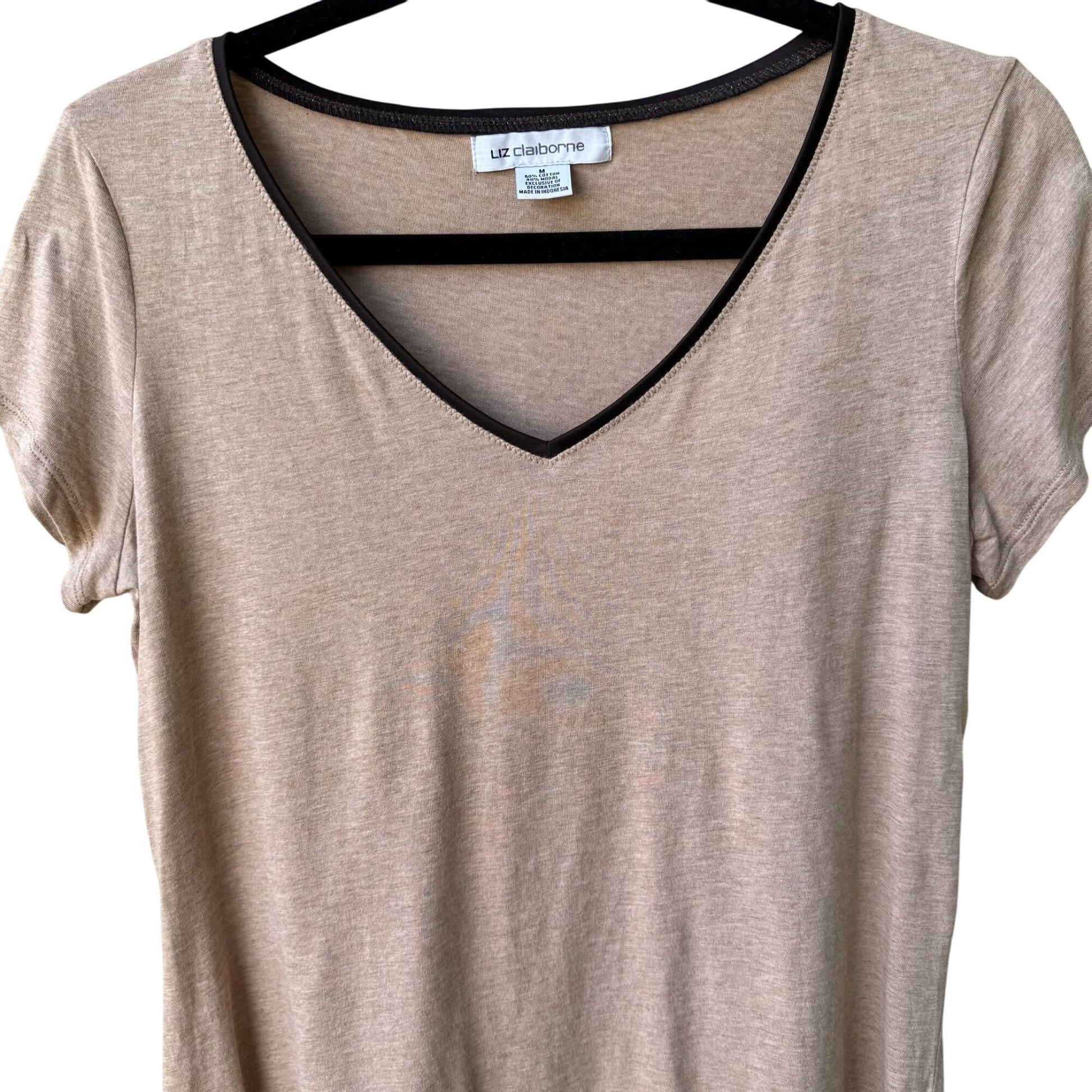 Liz Claiborne Vintage Y2K Womens Beige V-Neck Babydoll Cap Sleeve Shirt Top M