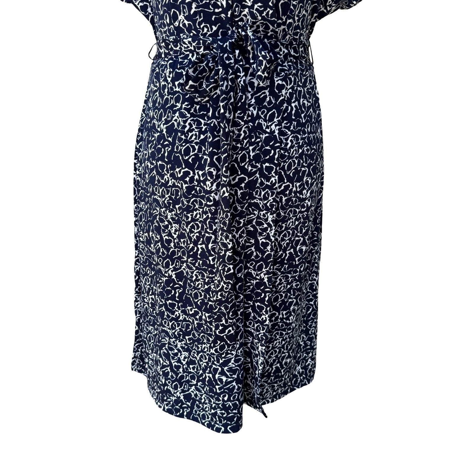 Nicole Miller Preppy Minimalist Abstract Print Faux Wrap Jersey Dress Navy M
