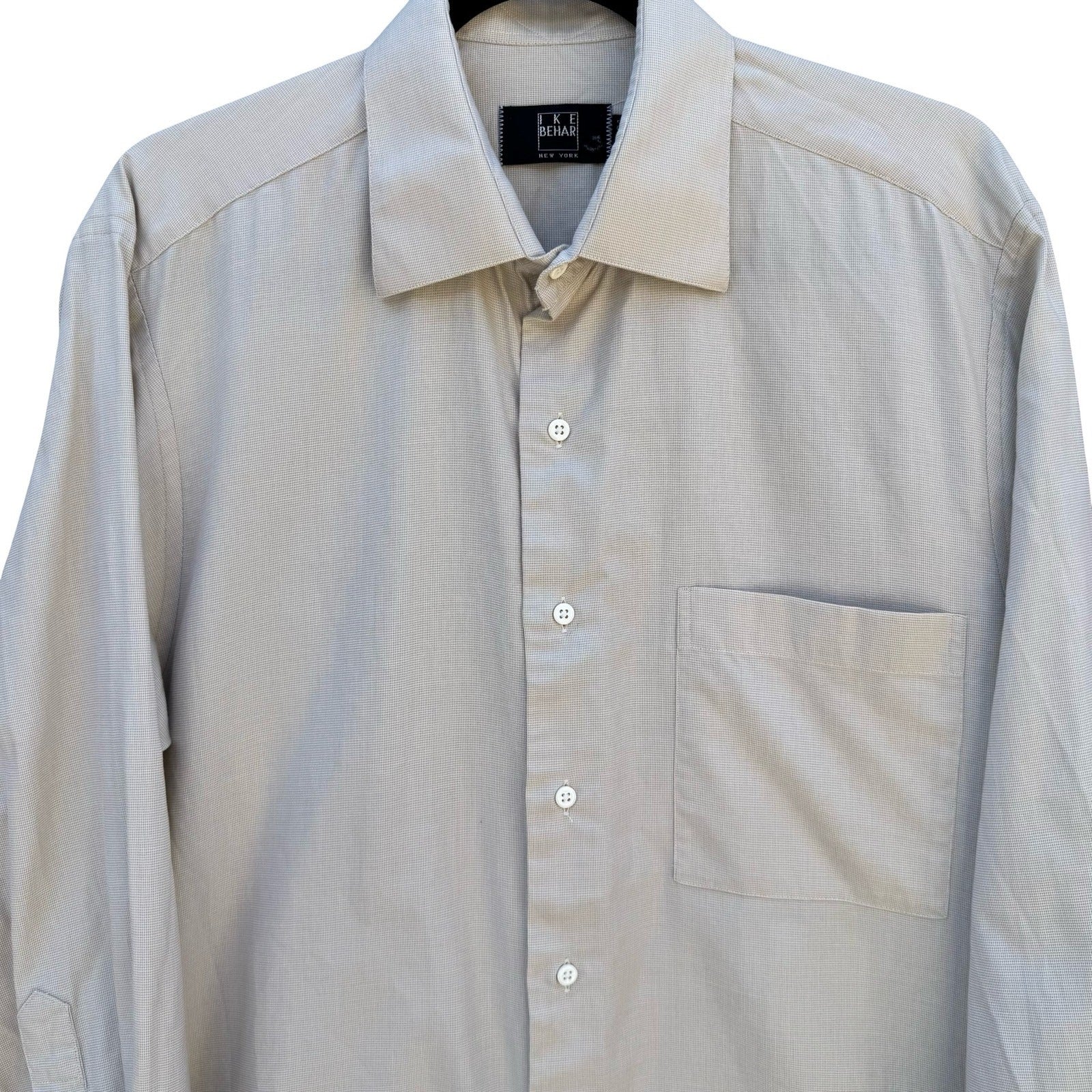 Ike Behar New York Mens Tan Micro Check Dress Shirt 15.5 34 Spread Collar Pocket