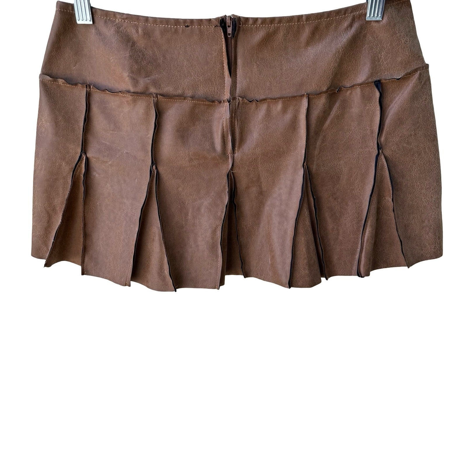 Picasso Y2K Grunge Punk Faux Leather Raw Edge Paneled Pleated Mini Skirt Brown L