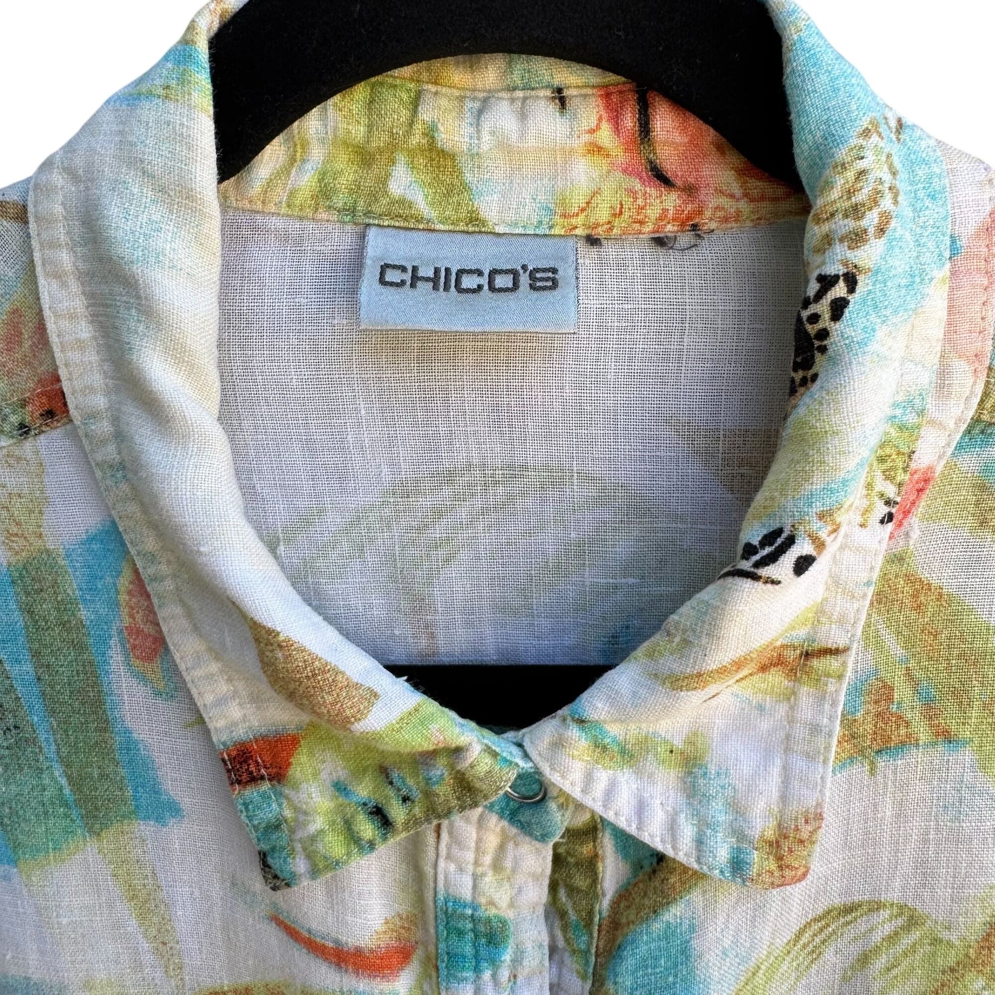 Chicos Vintage Womens Linen Pastel Floral Snap Button Long Sleeve Summer Shirt A