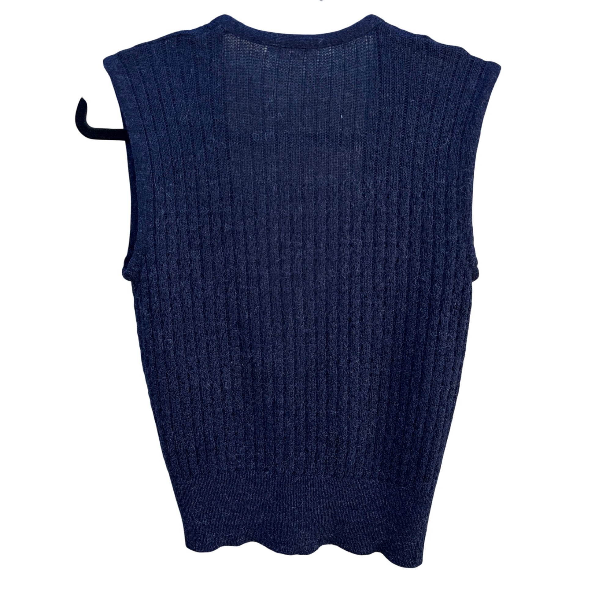 Rodier Paris Vintage Womens Navy Ribbed Knit Cardigan Front Button Closure Vest