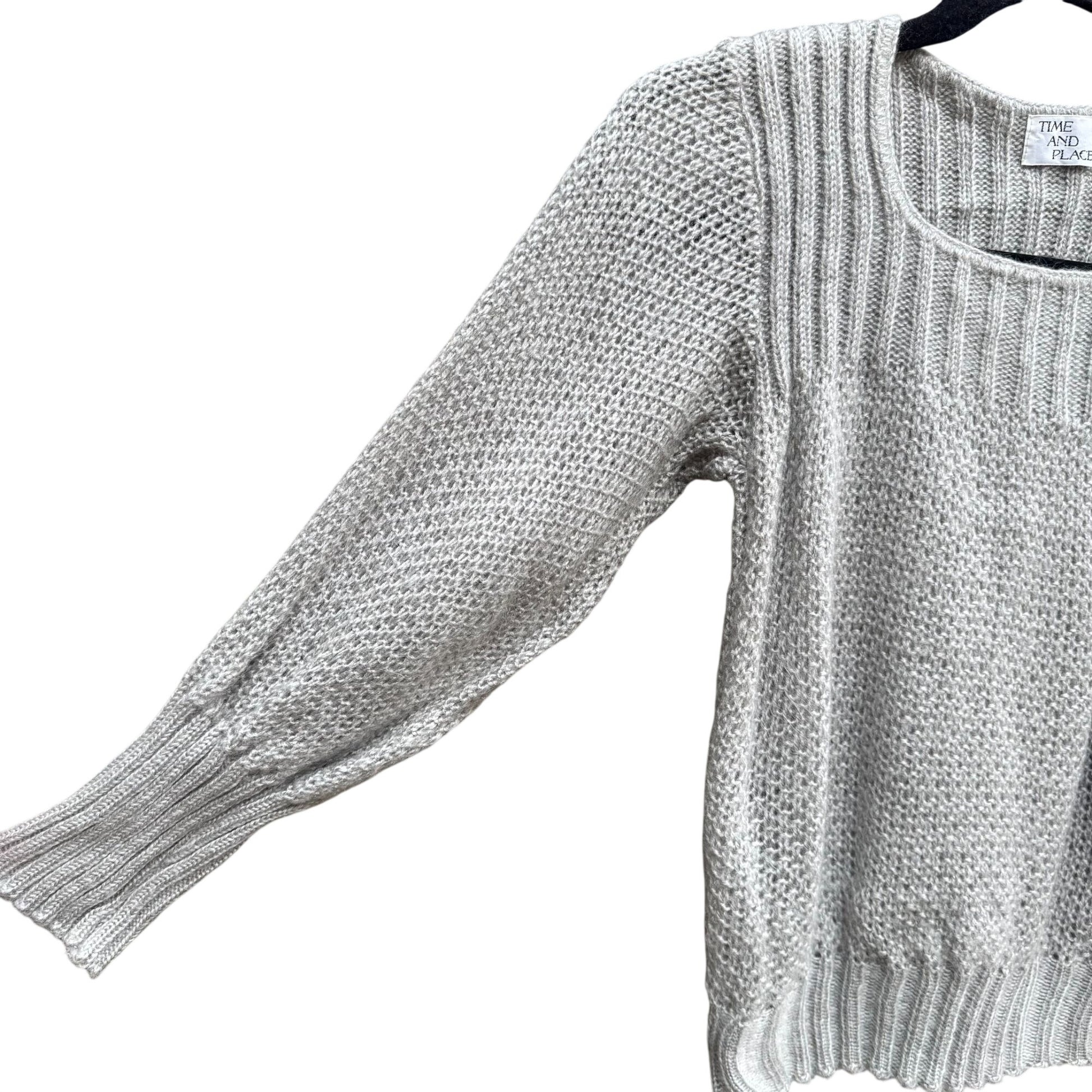 Time & Place Vintage 80s Womens Puff Sleeve Gray Knit Sweater Scoop Neck Cropped