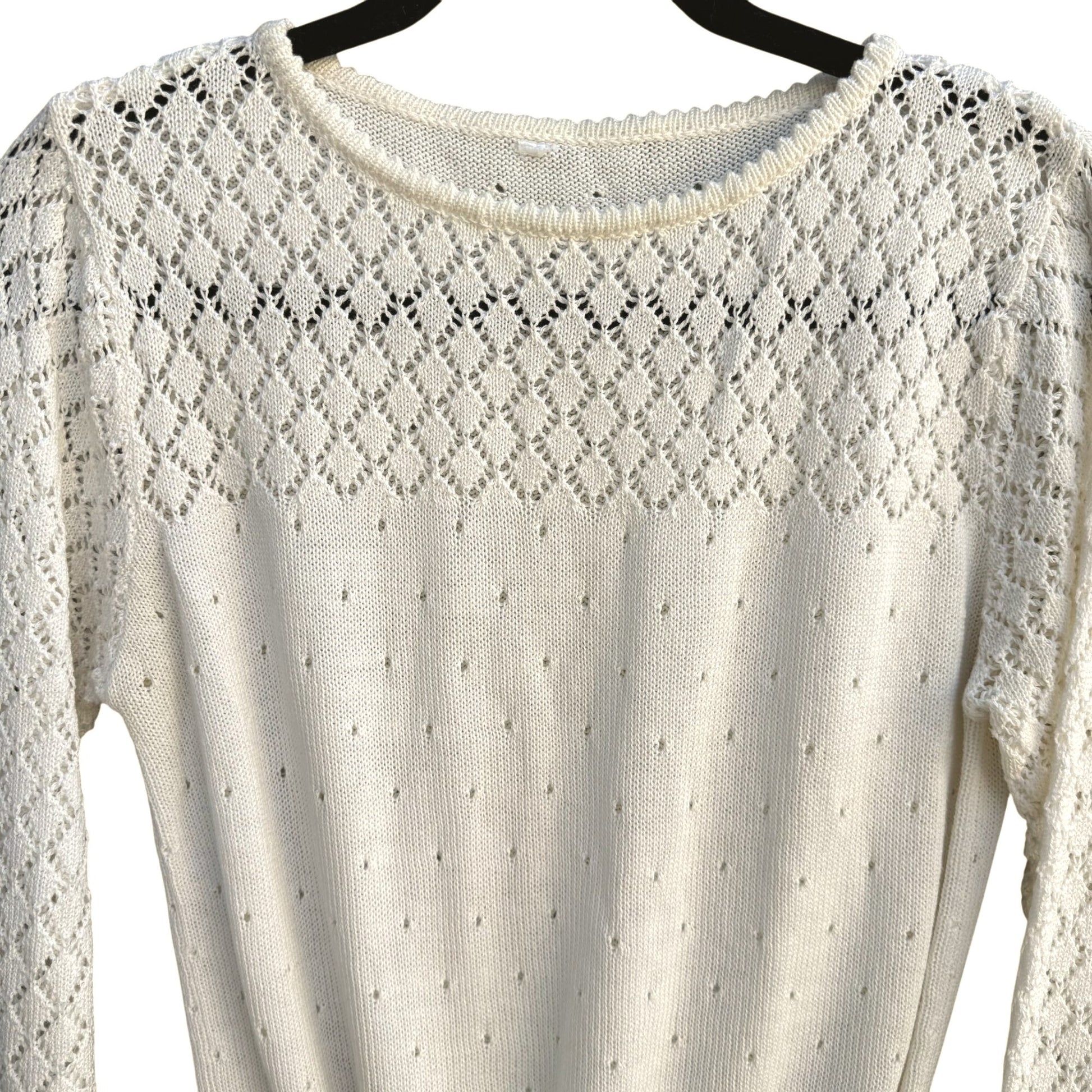 Vintage Coquette Pointelle Knit Sweater White Openwork Lacy Long Sleeve Top M/L