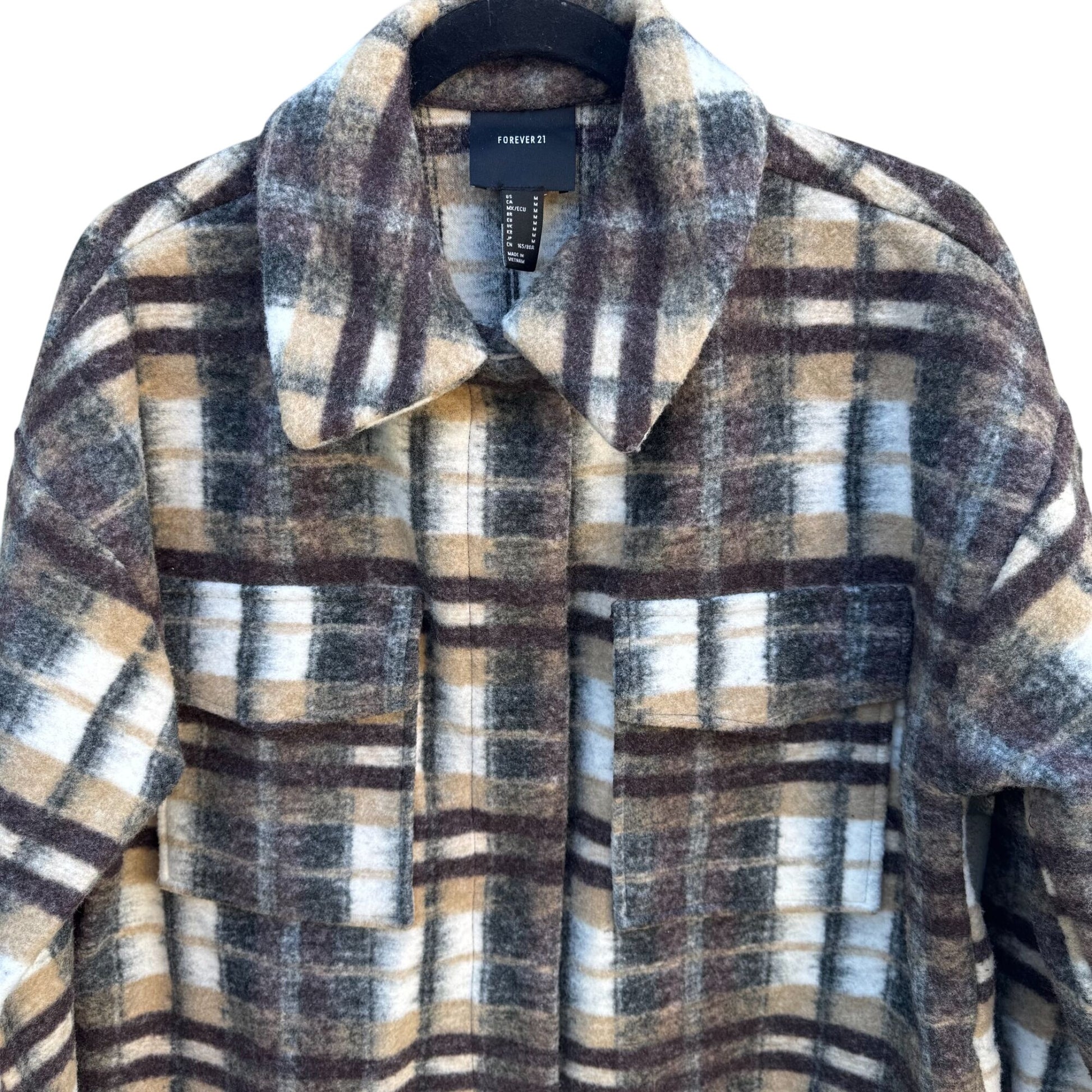 Forever 21 Plaid Flannel Y2K Grunge Oversized Jacket M Brown Beige Wool Blend