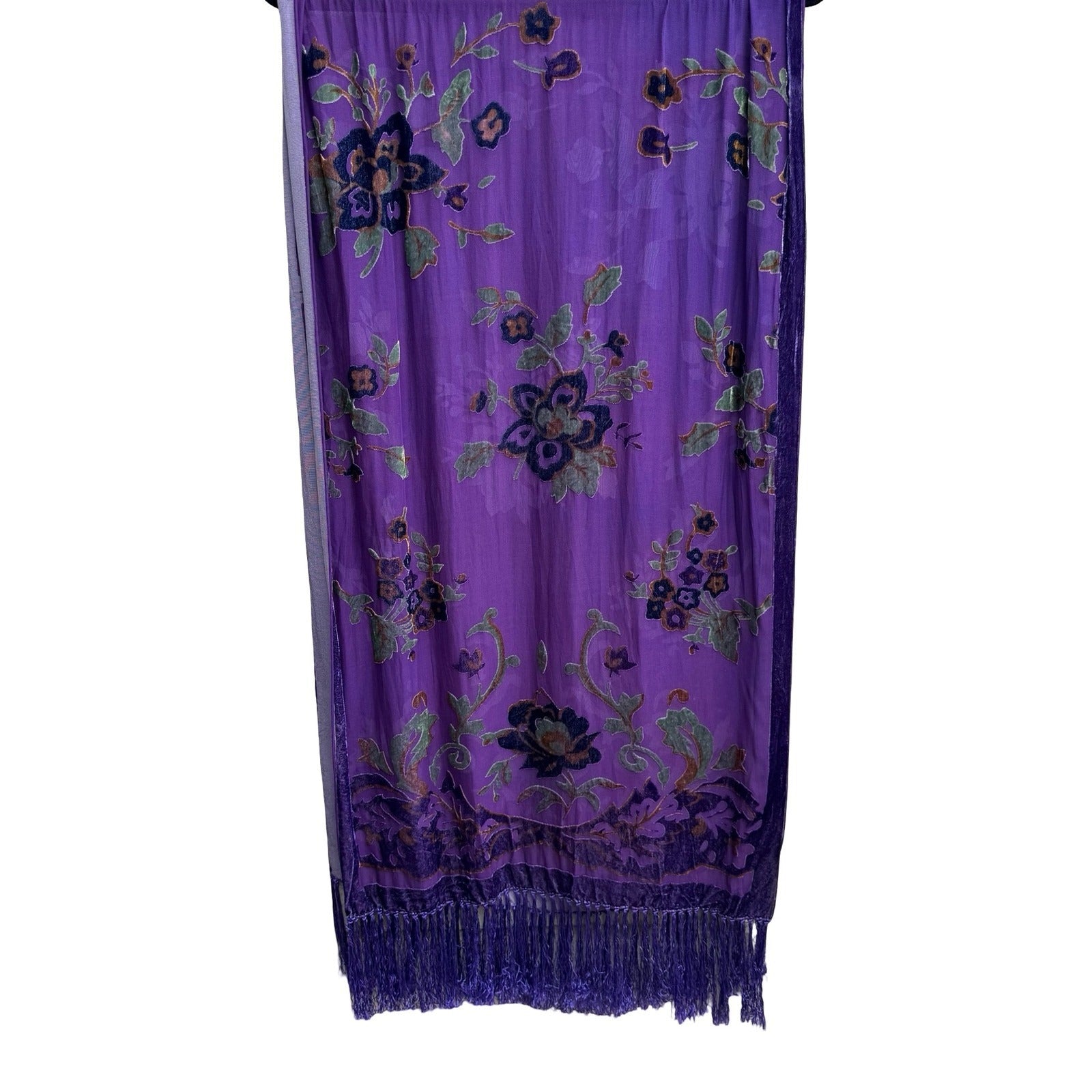 Jinjiao Vintage Purple Floral Velvet Burnout Fringe Sheer Evening Shawl Wrap