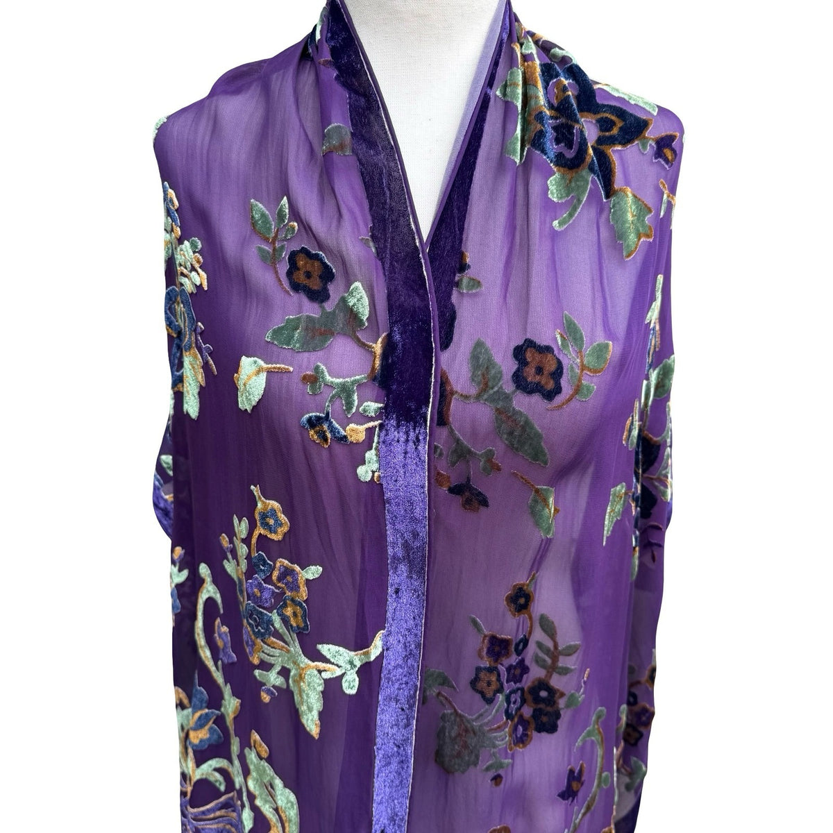 Jinjiao Vintage Purple Floral Velvet Burnout Fringe Sheer Evening Shawl Wrap