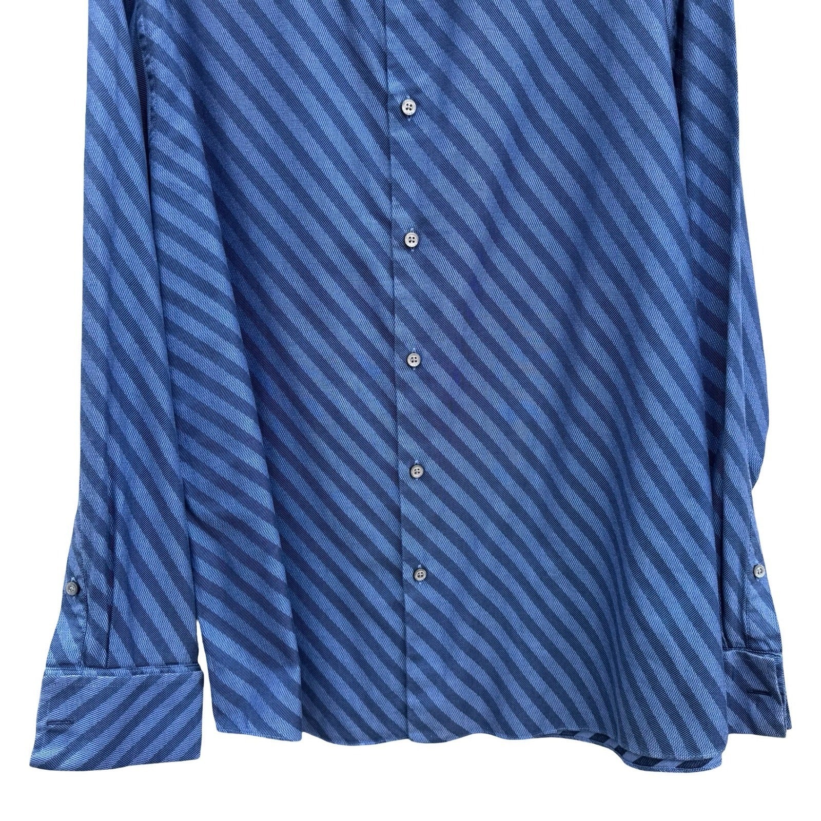 Mondo Di Marco Blue Diagonal Stripe 80s 2-Ply French Cuff Dress Shirt 17 34/35
