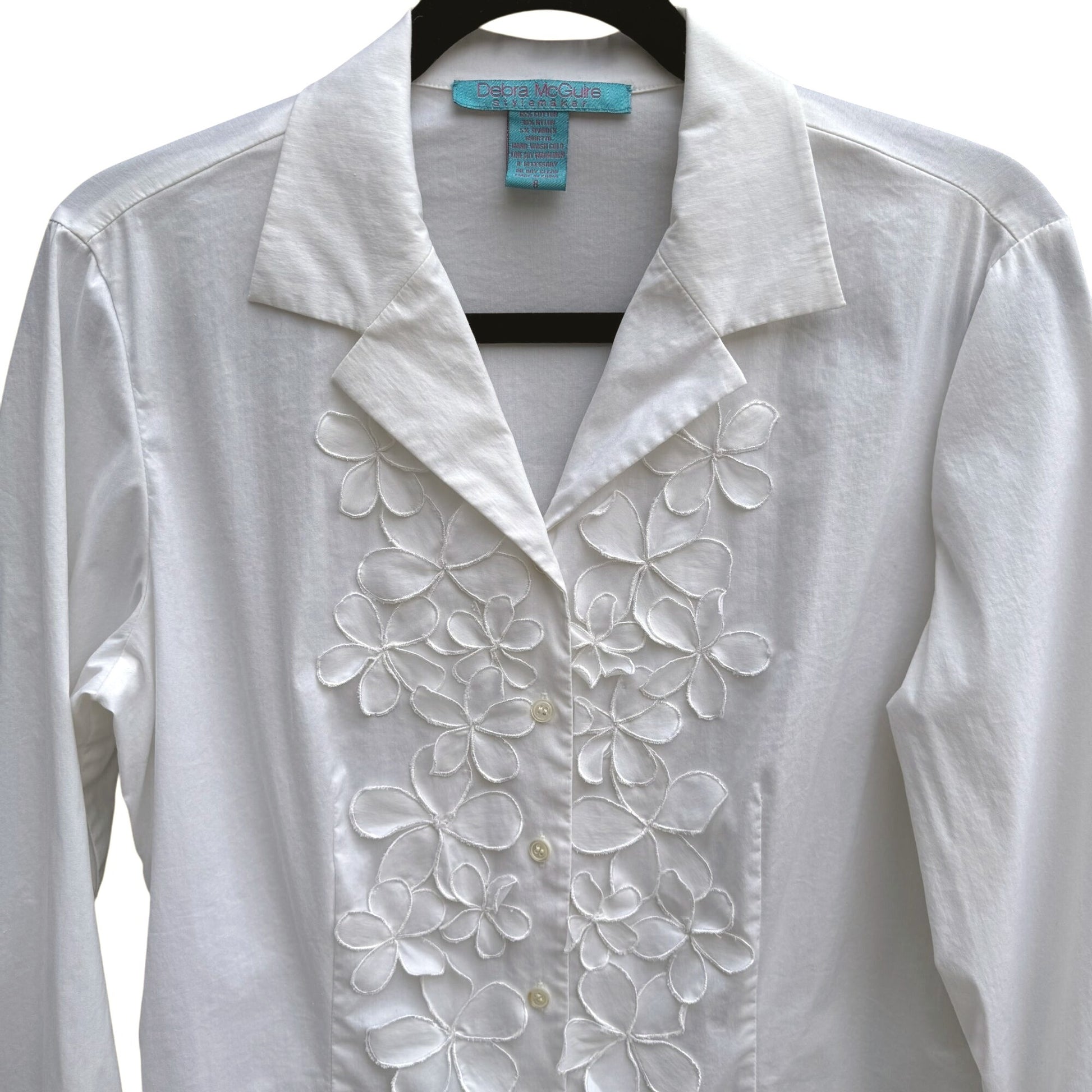 Debra McGuire Womens White Button-Up Floral Cut Out 3/4 Sleeves Shirt Blouse 8