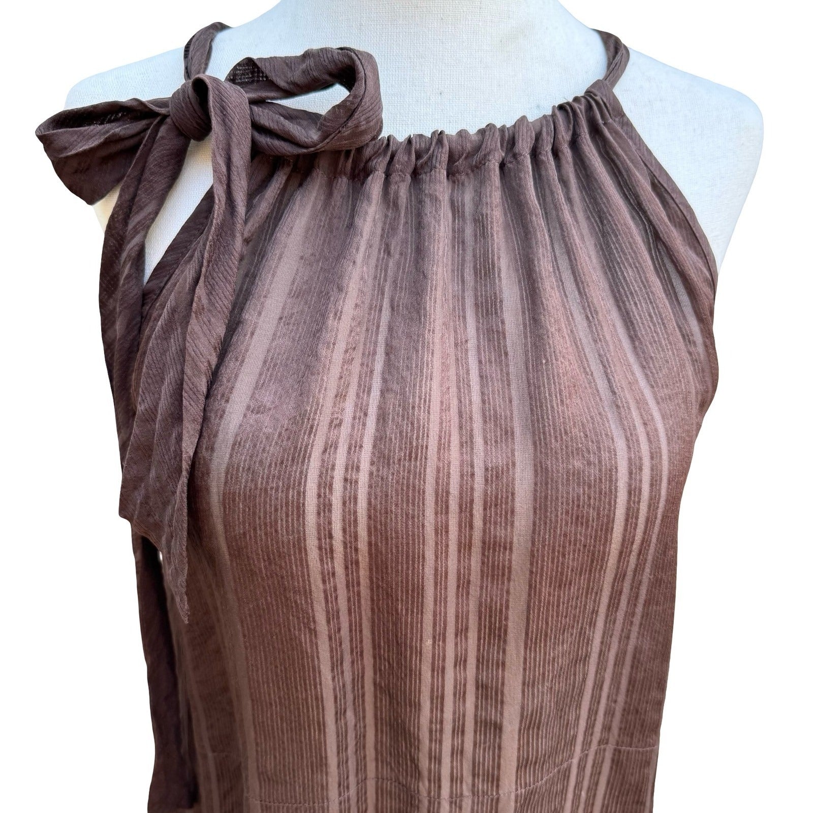 Trina Turk Coquette Sheer Minimalist Shadow Stripe Halter Blouse Bow Tie Brown