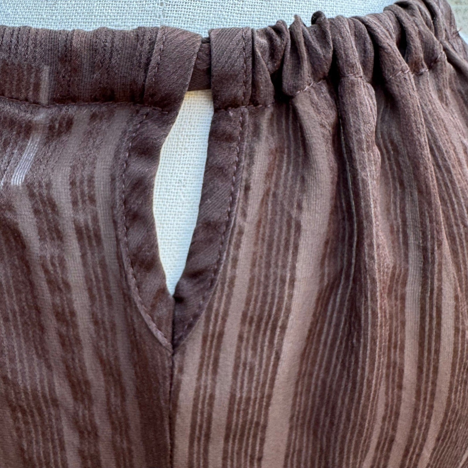 Trina Turk Coquette Sheer Minimalist Shadow Stripe Halter Blouse Bow Tie Brown