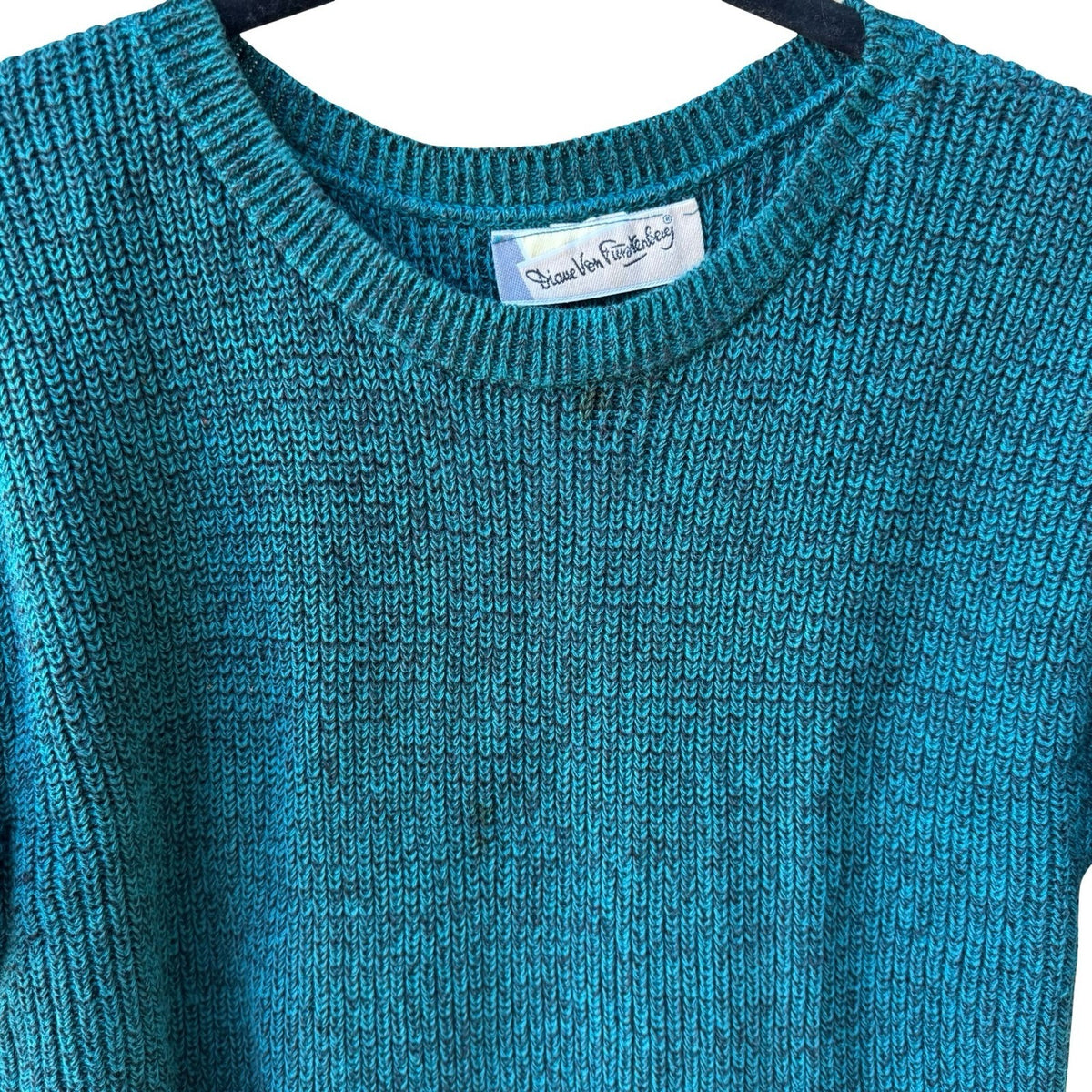 Diane Von Furstenberg Vintage 80s 90s Marled Knit Boxy Crop Sweater Teal Blue L