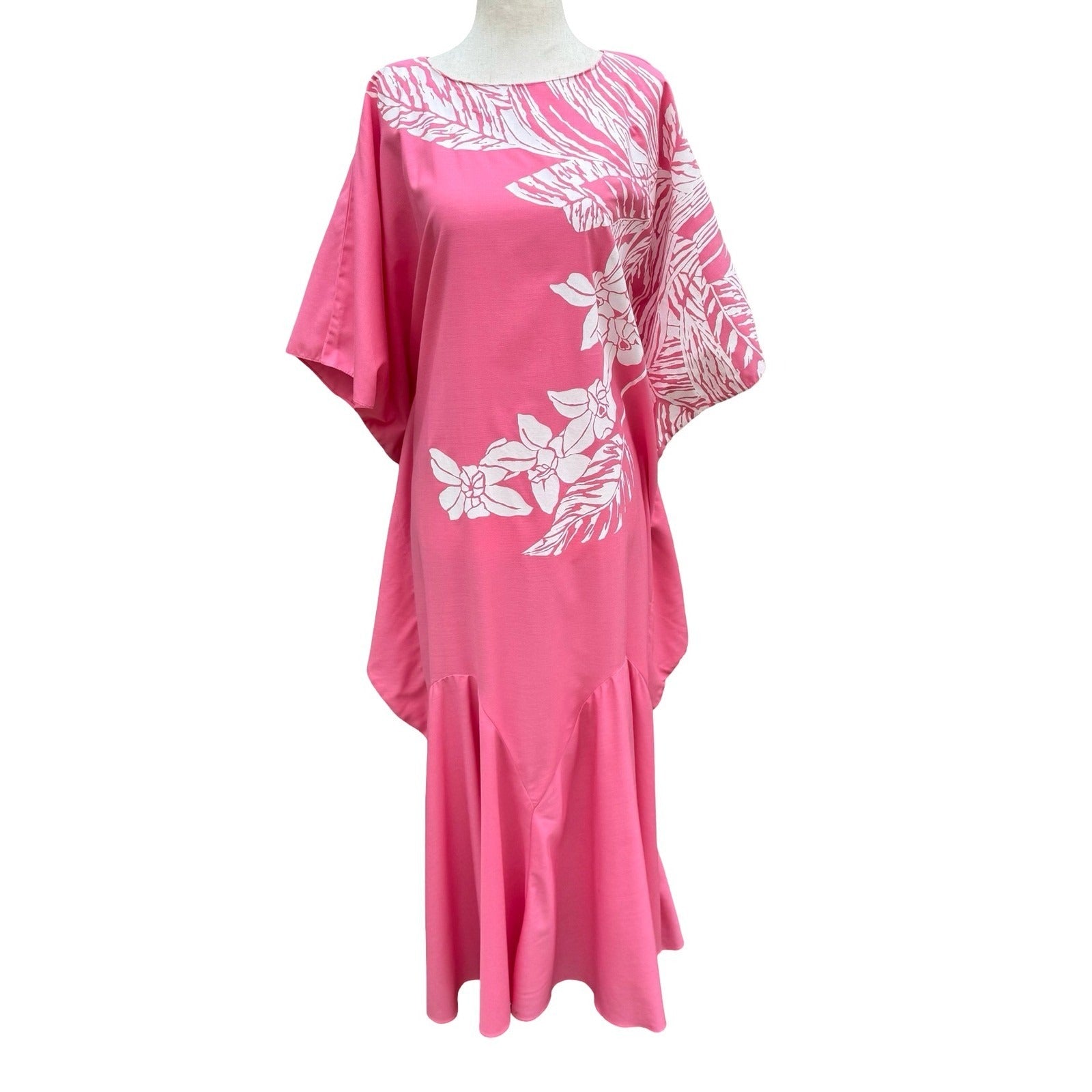 Hans Jutte Hawaii Vintage Pink Floral Kaftan Maxi Dress Batwing Sleeve Made USA