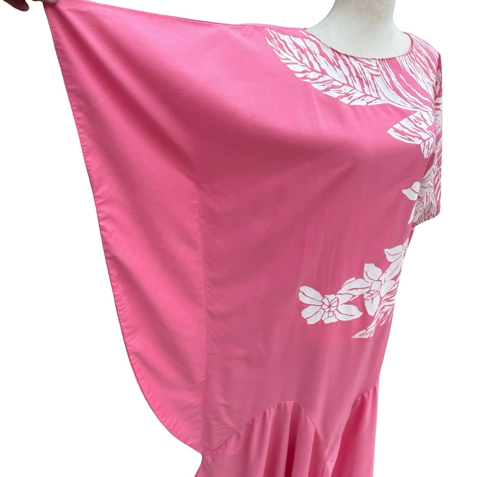 Hans Jutte Hawaii Vintage Pink Floral Kaftan Maxi Dress Batwing Sleeve Made USA