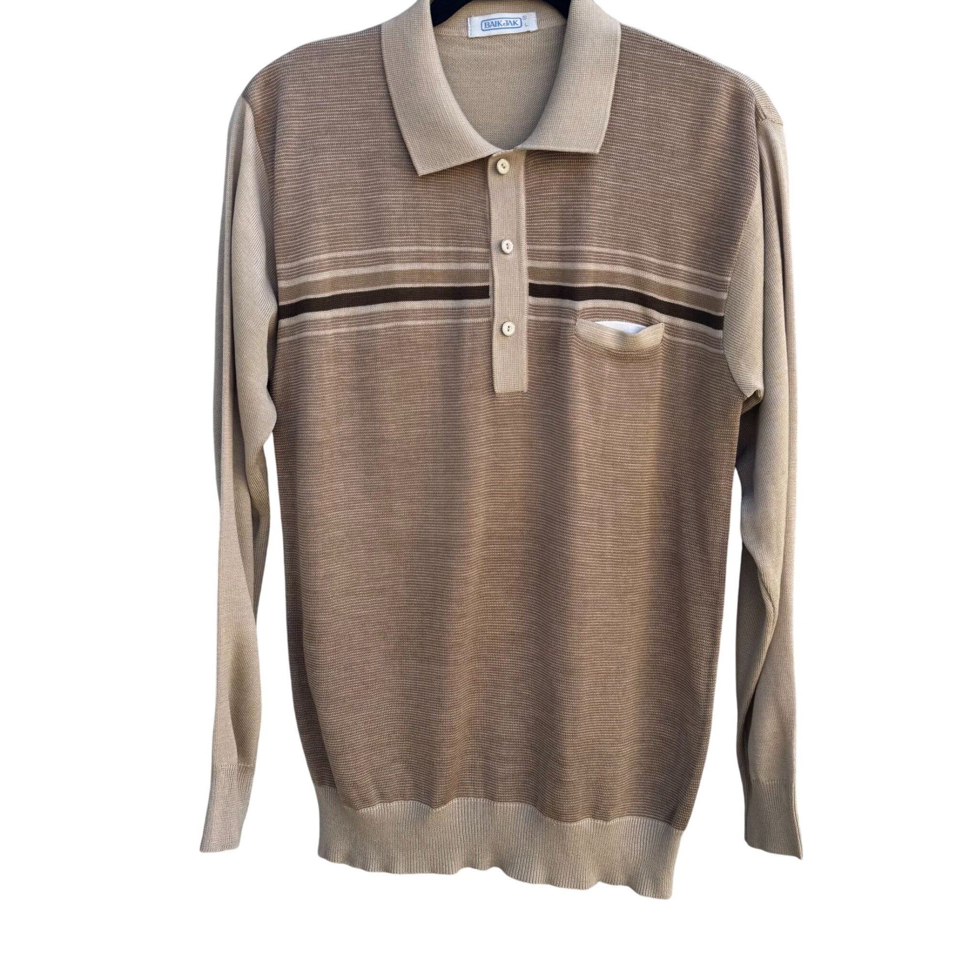 Baik Jak Vintage Mens Beige Brown Striped Long Sleeve Italian Knit Polo Shirt M