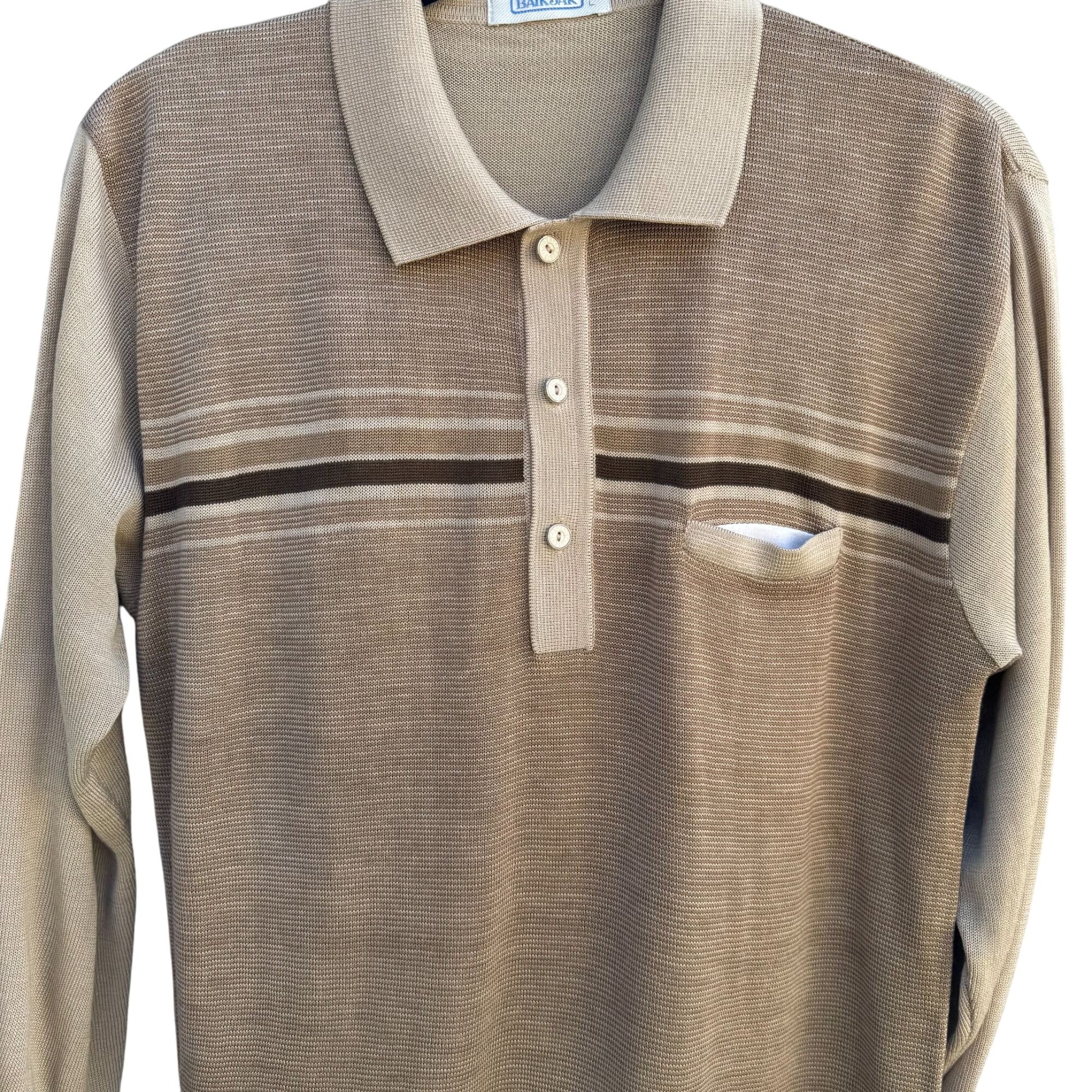 Baik Jak Vintage Mens Beige Brown Striped Long Sleeve Italian Knit Polo Shirt M