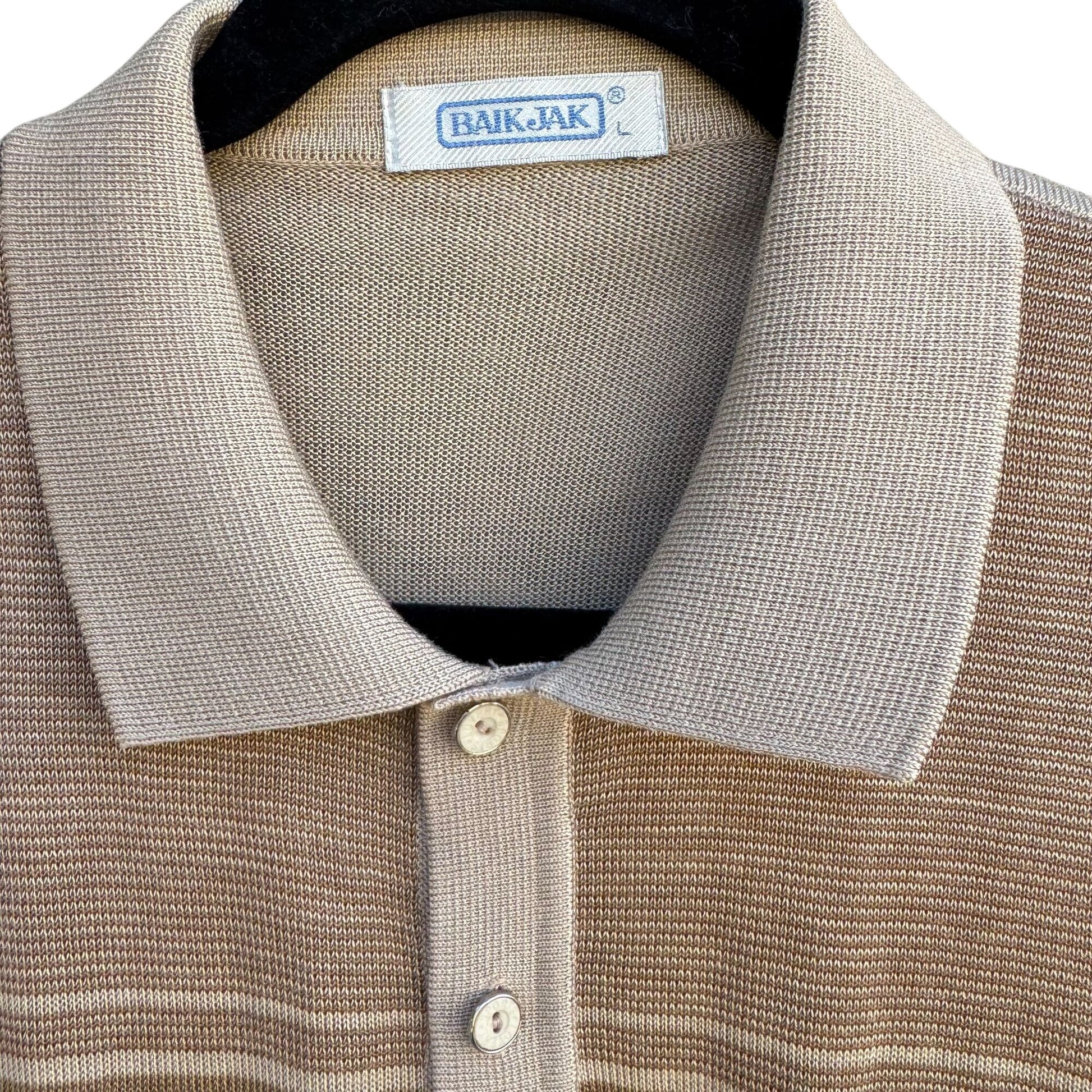 Baik Jak Vintage Mens Beige Brown Striped Long Sleeve Italian Knit Polo Shirt M
