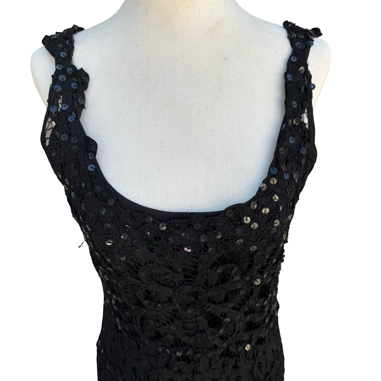 Kroshetta Papillon Vintage 80s Black Crochet Sequin Midi Evening Dress Womens M
