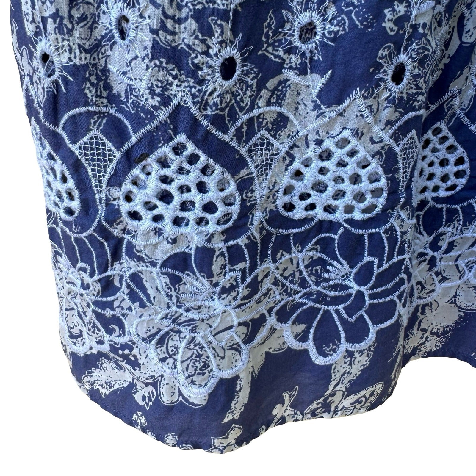 Soft Surroundings Boho Coastal Cottage Cotton Floral Eyelet Peasant Tunic Top L