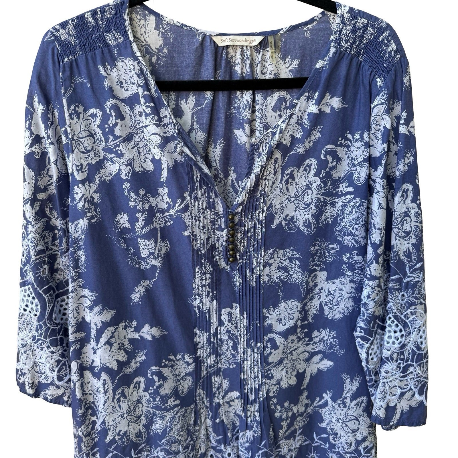 Soft Surroundings Boho Coastal Cottage Cotton Floral Eyelet Peasant Tunic Top L