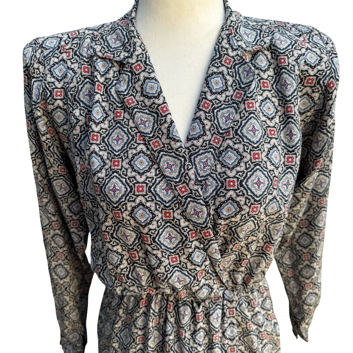 Liz Claiborne Vintage 100% Silk Geometric Medallion Wrap Secretary Dress Navy 4
