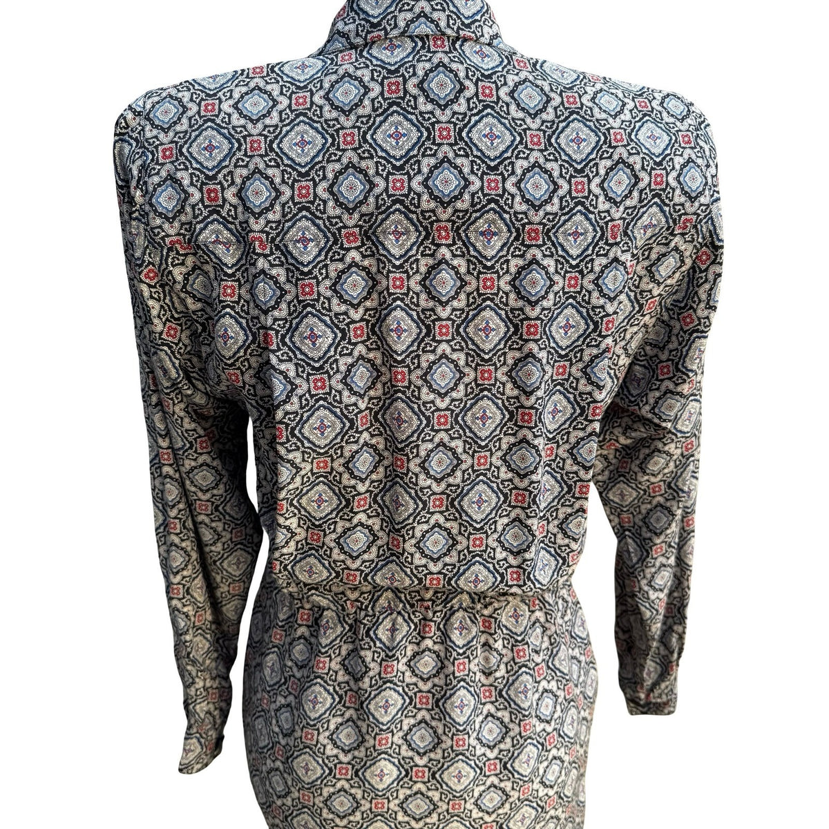Liz Claiborne Vintage 100% Silk Geometric Medallion Wrap Secretary Dress Navy 4