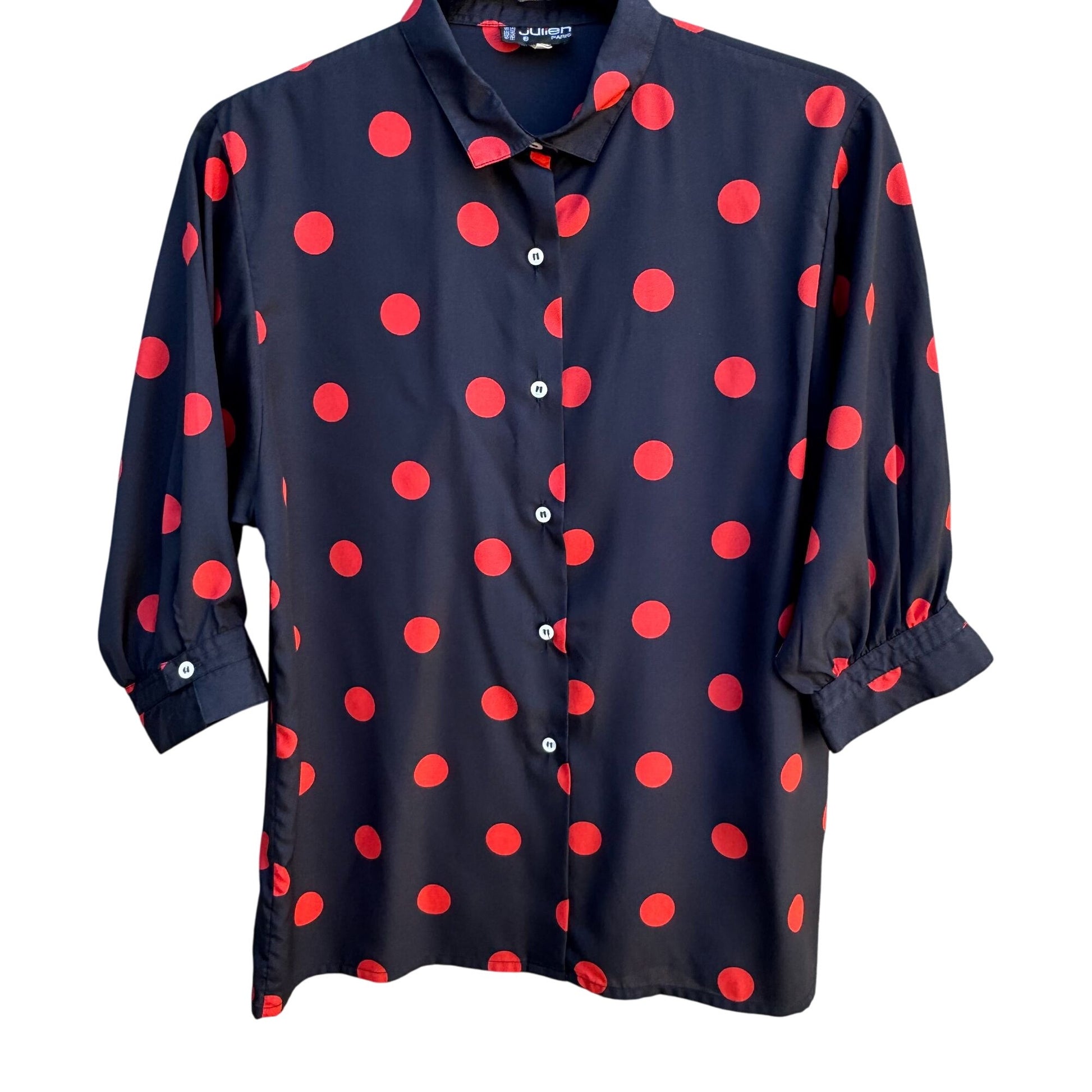Julien Paris Vintage Polka Dot Black Red Button 3/4 Sleeve Flowy Blouse Womens L