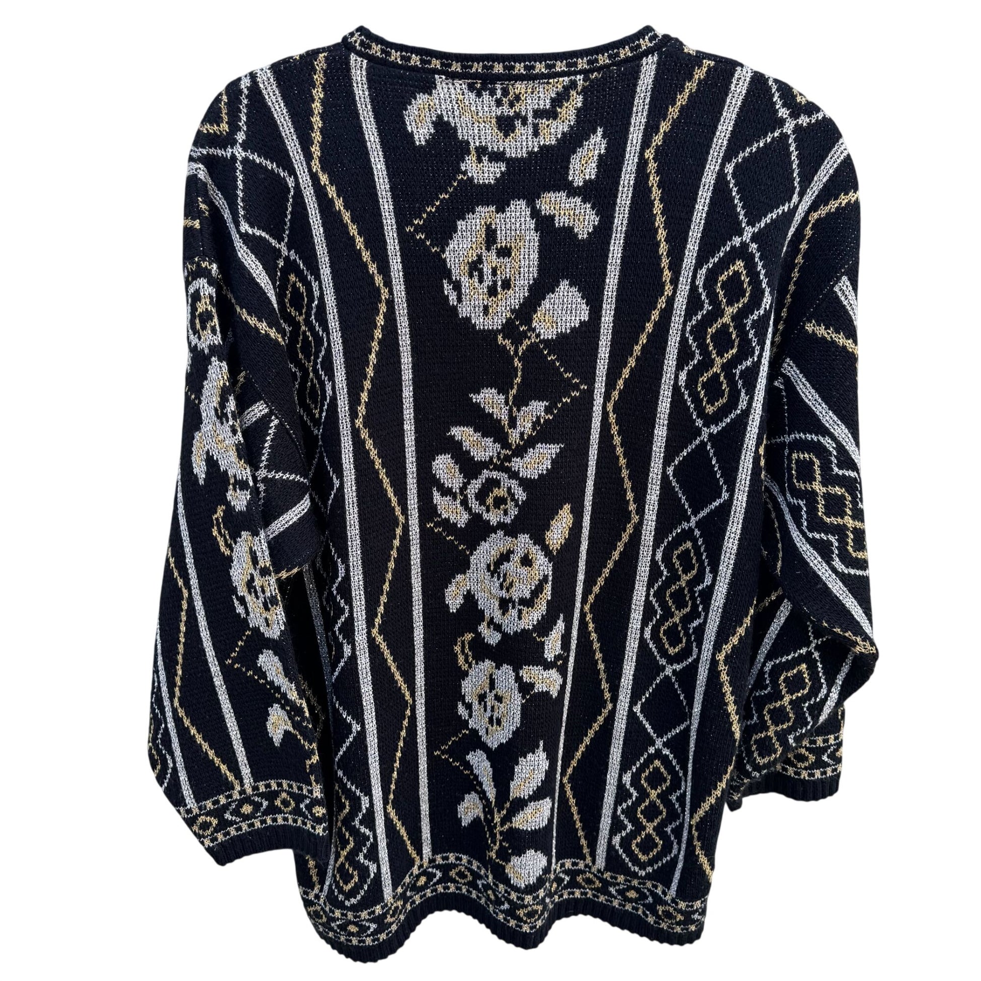 Dana Scott Vintage Metallic Floral Knit Sweater Cottage Glam M Black Gold Silver