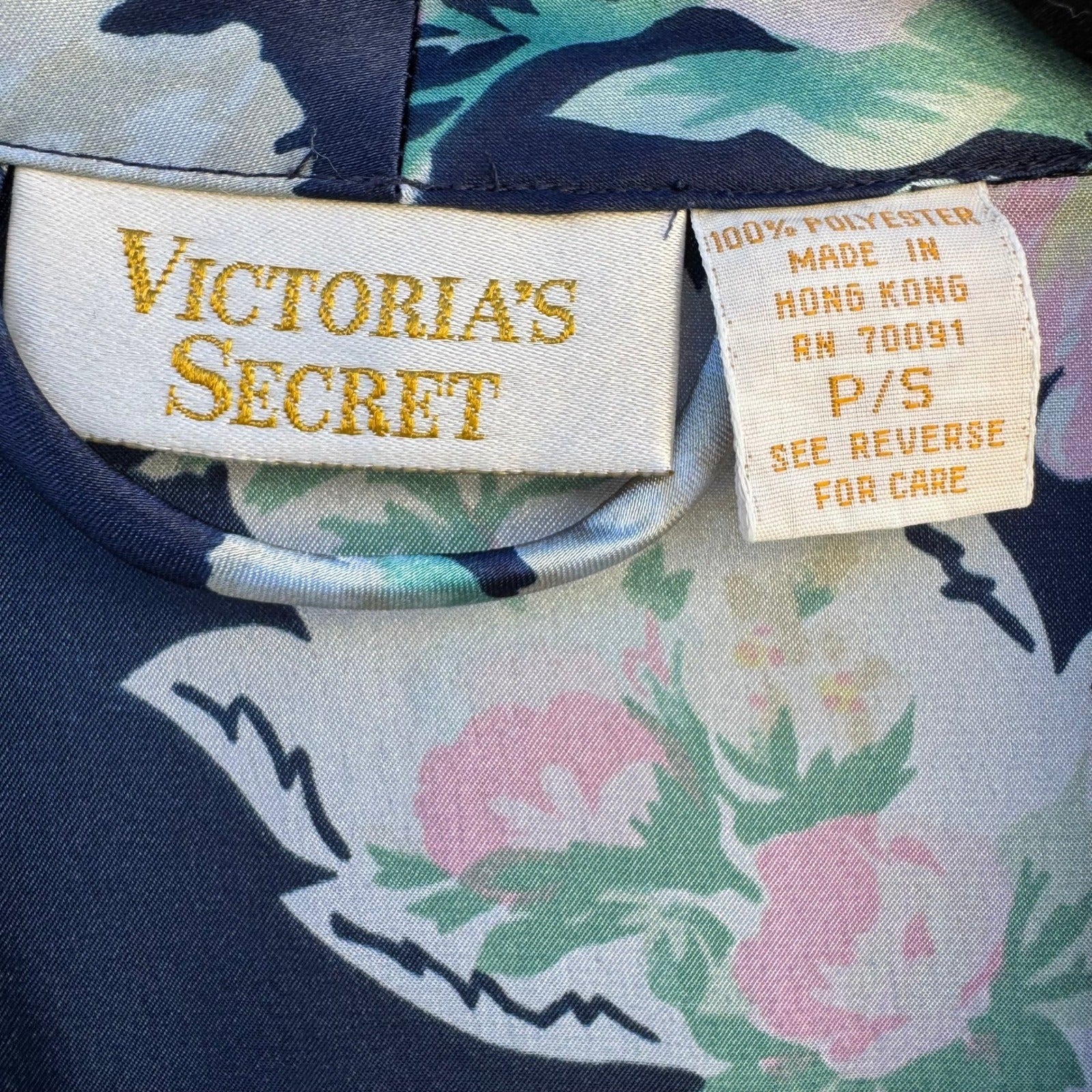 Victorias Secret Vintage Gold Label Floral Satin Robe Navy Long Pockets NO BELT