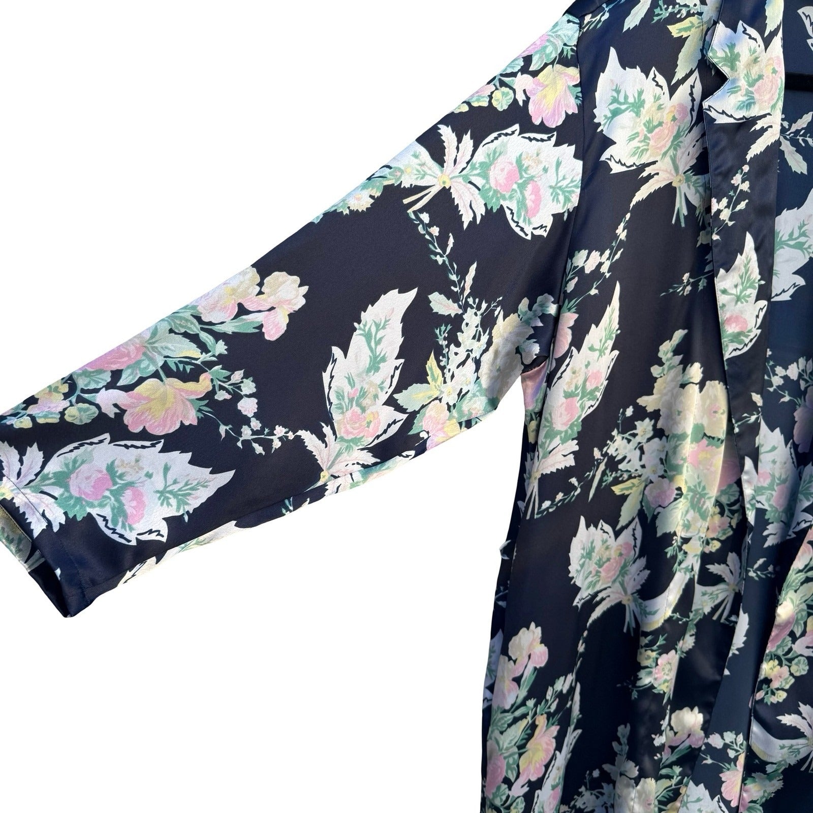 Victorias Secret Vintage Gold Label Floral Satin Robe Navy Long Pockets NO BELT