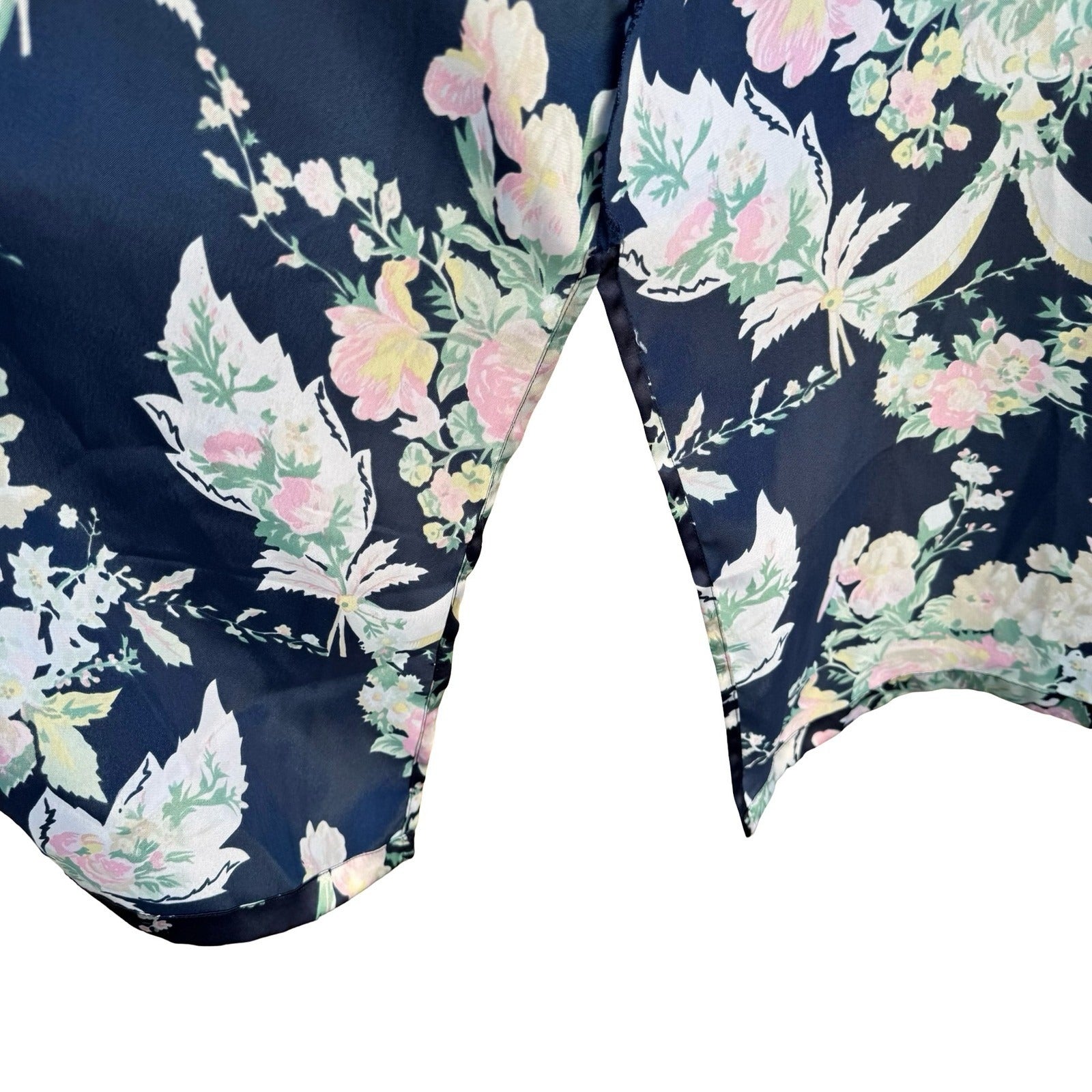 Victorias Secret Vintage Gold Label Floral Satin Robe Navy Long Pockets NO BELT