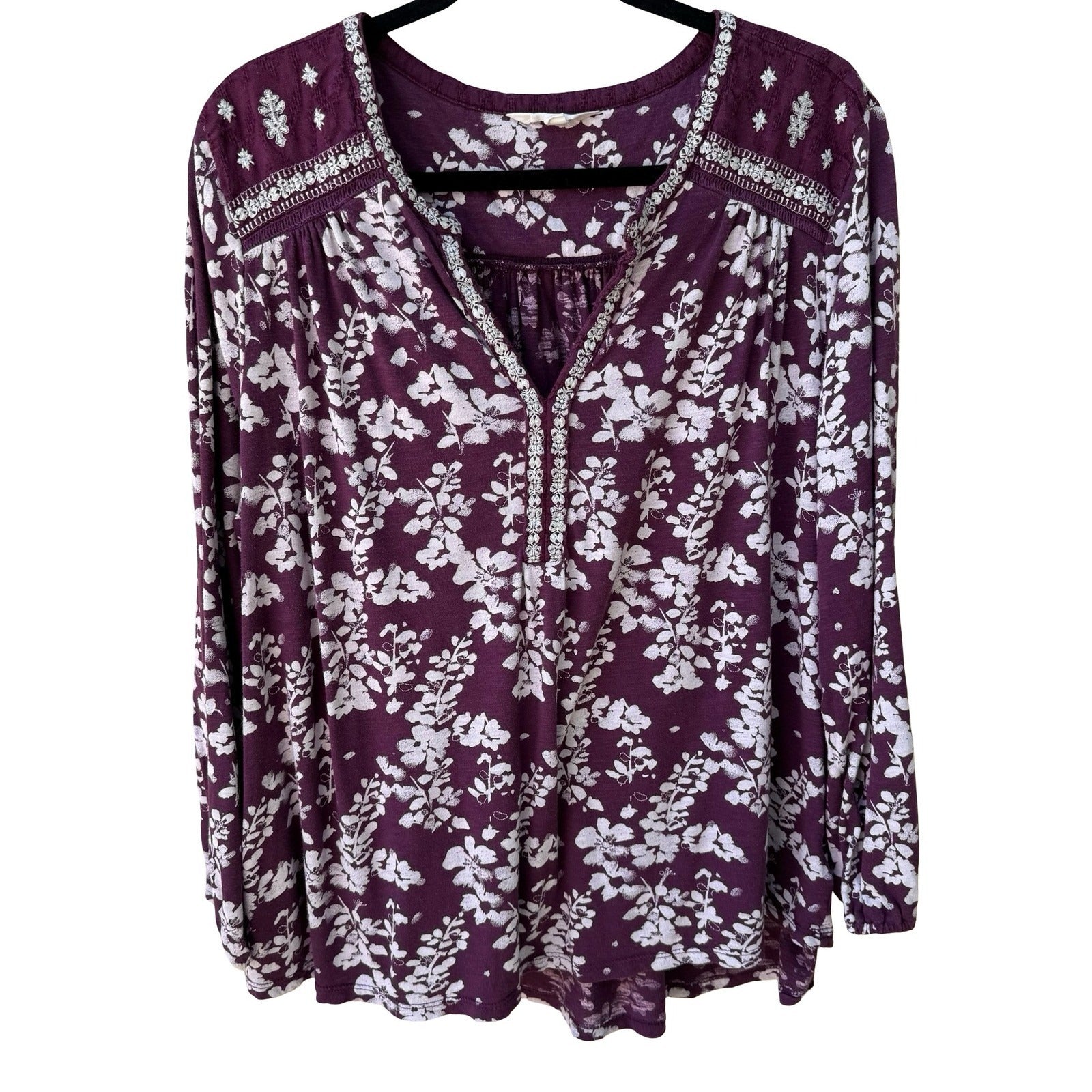 Lucky Brand Romantic Hippie Floral Embroidered Boho Peasant Blouse Top Plum 1X