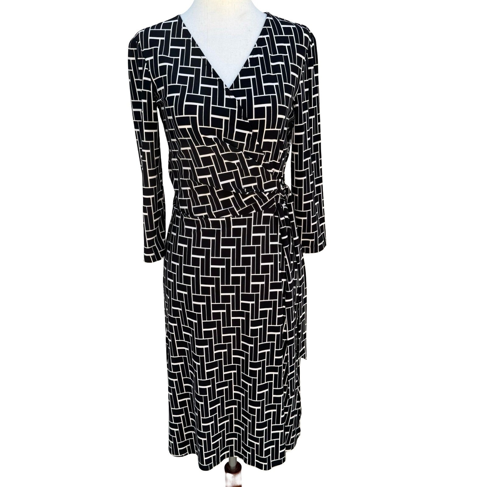 Chaps Womens Black White Geometric Grid Wrap Dress Long Sleeve V-Neck Size S