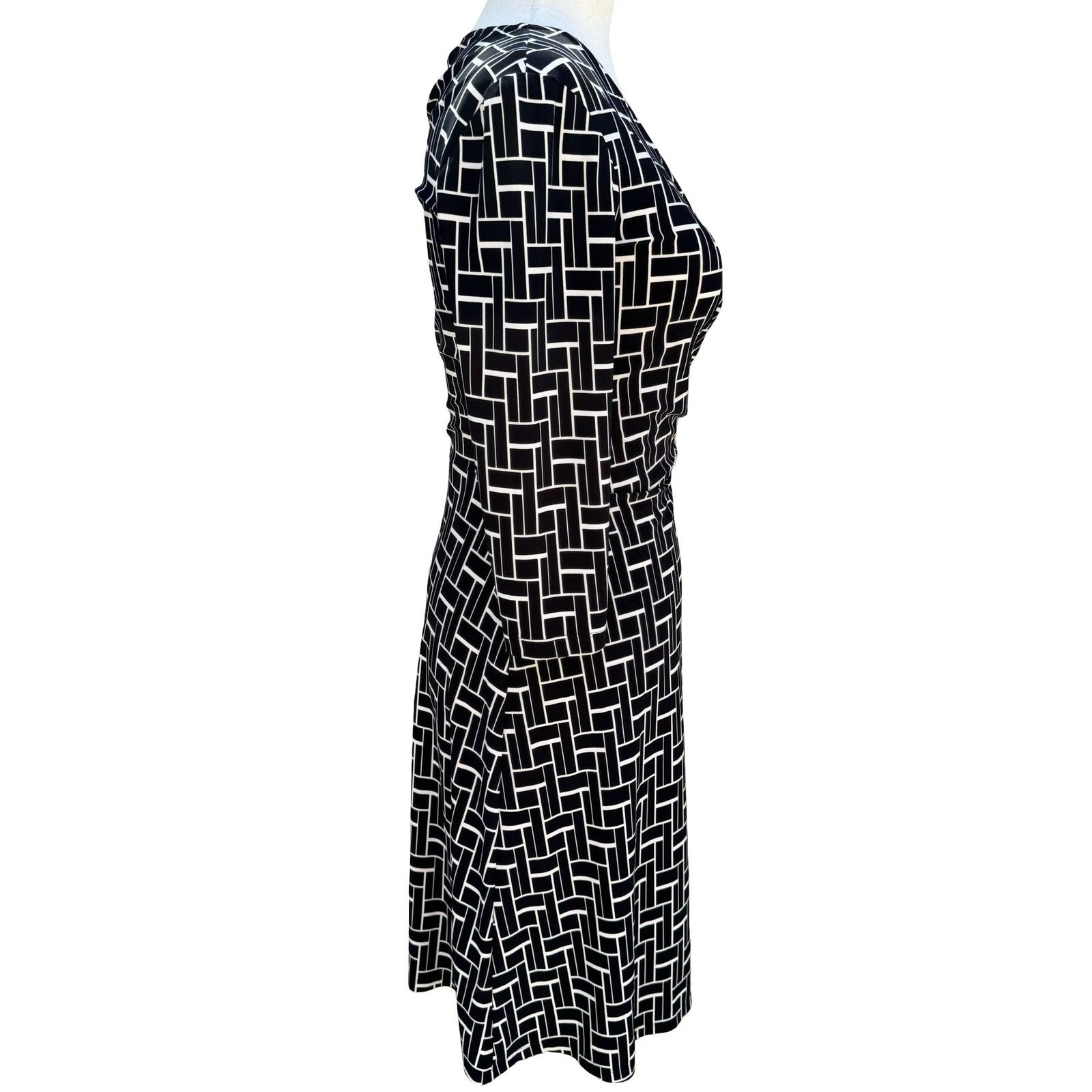 Chaps Womens Black White Geometric Grid Wrap Dress Long Sleeve V-Neck Size S