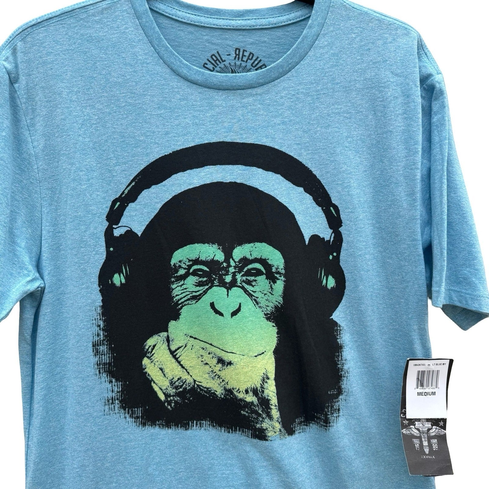 Social Republic Mens M Monkey Headphones Graphic T-Shirt Blue NEW Streetwear