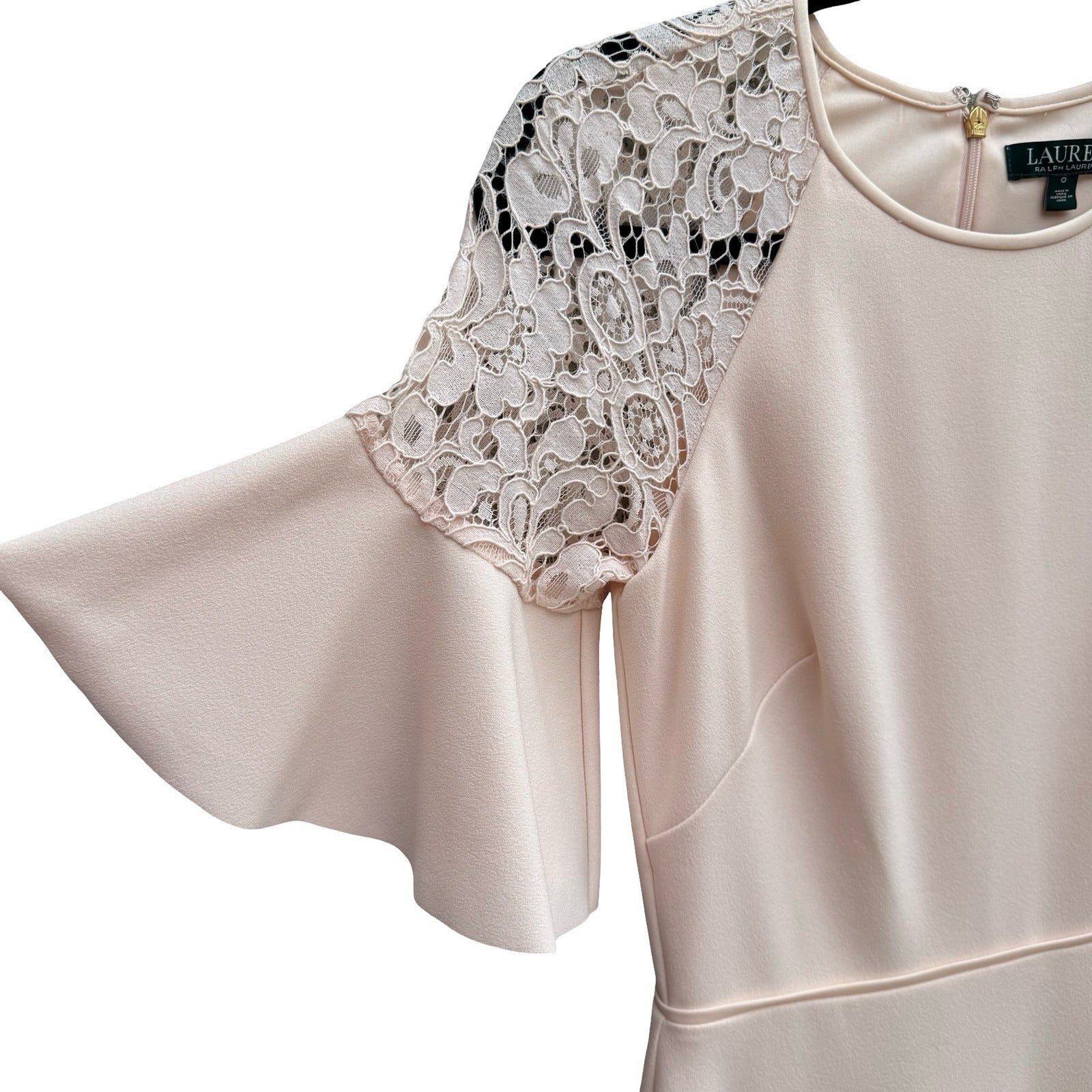 Lauren Ralph Lauren Pale Pink Lace Shoulder Flutter Sleeve Dress Size 0 Coquette