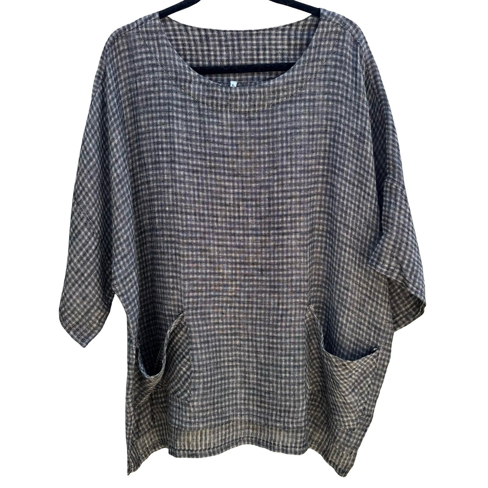 Kiyo 100% Linen Coastal Gingham Tunic Blouse Lagenlook Boxy Oversized Womens M
