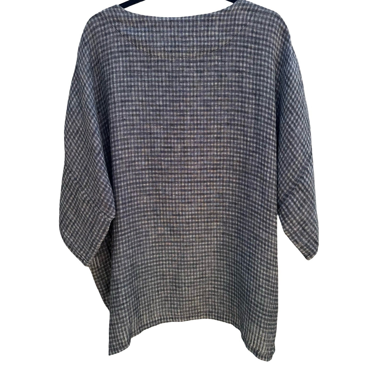 Kiyo 100% Linen Coastal Gingham Tunic Blouse Lagenlook Boxy Oversized Womens M