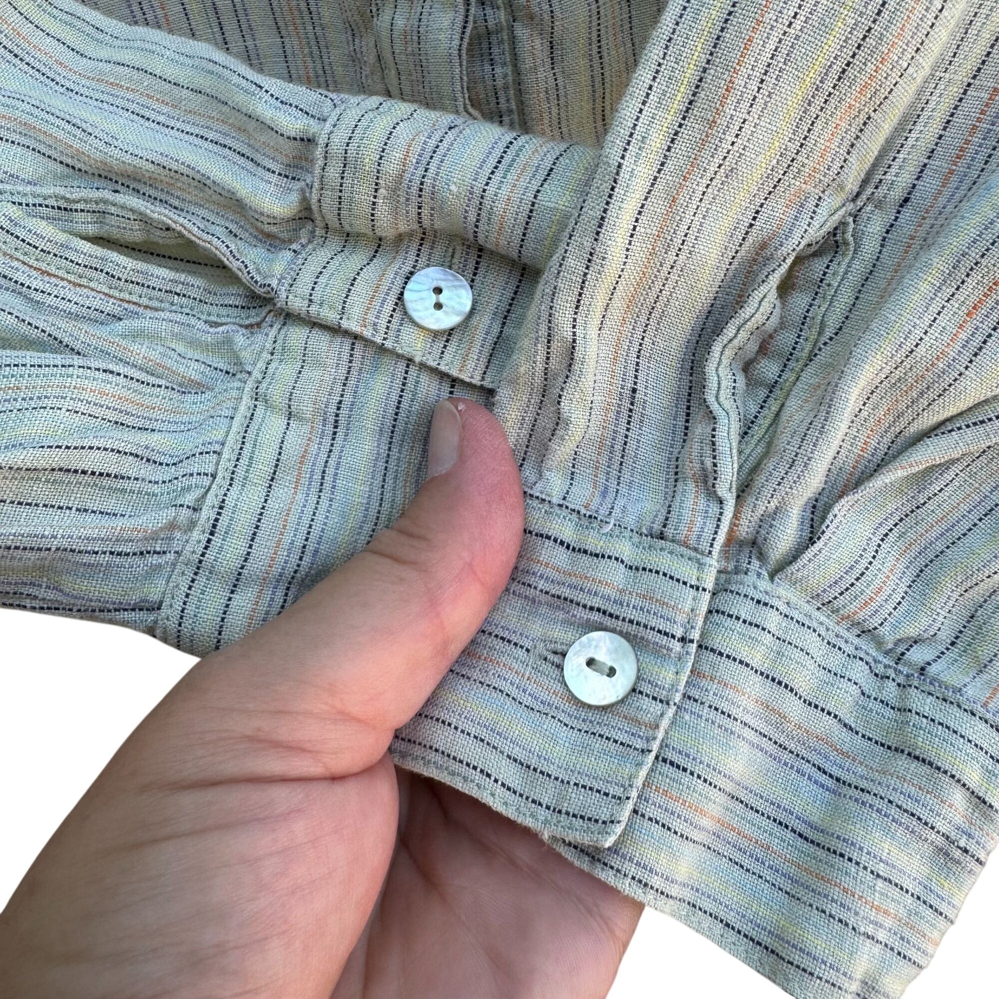 Richard Malcolm Vintage Womens Split Hem Linen Green Striped Button-Up Shirt XL