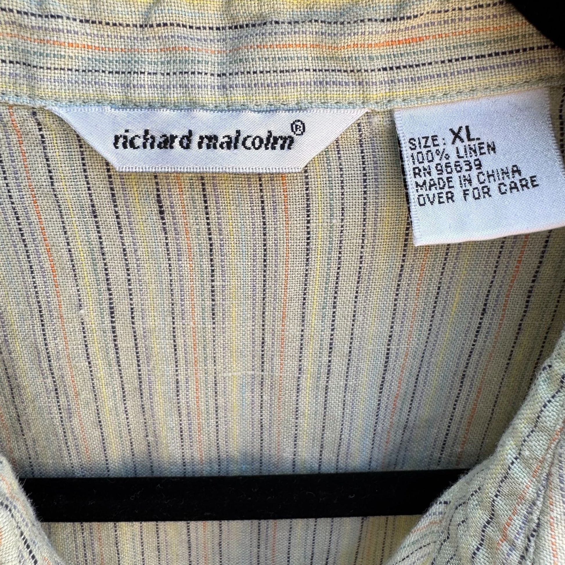 Richard Malcolm Vintage Womens Split Hem Linen Green Striped Button-Up Shirt XL