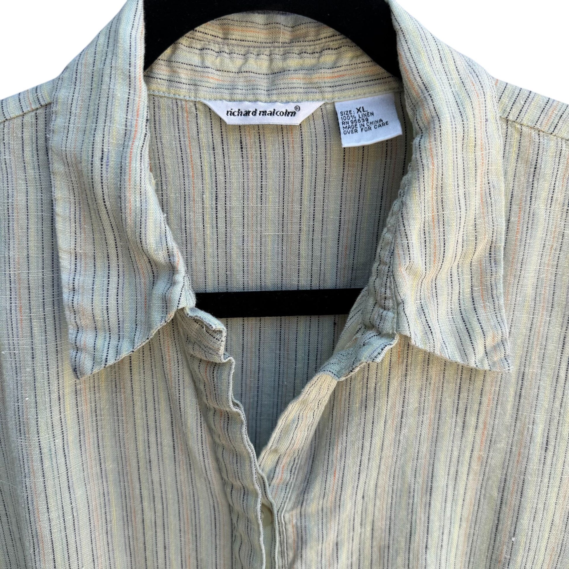 Richard Malcolm Vintage Womens Split Hem Linen Green Striped Button-Up Shirt XL
