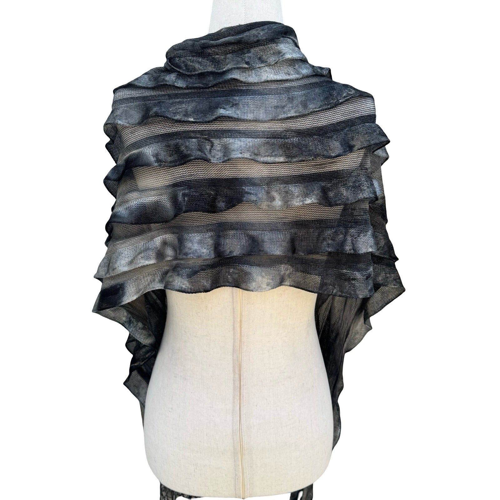 Grey Black Ombre Tiered Ruffle Mesh Knit Shawl Fringe Wrap Scarf Evening Shrug